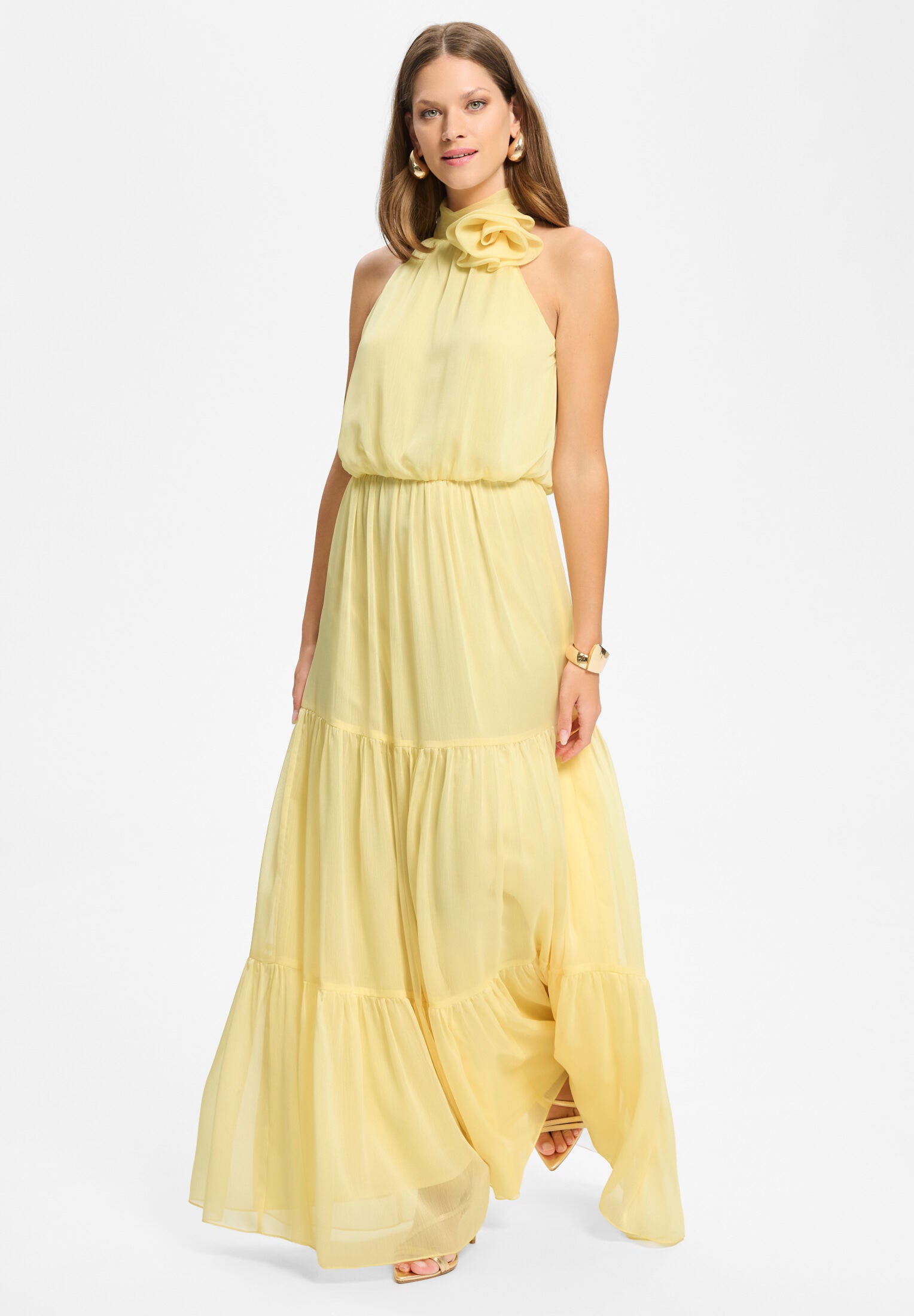 Abendkleid aus Crinkle Chiffon mit Stufenrock pastel yellow