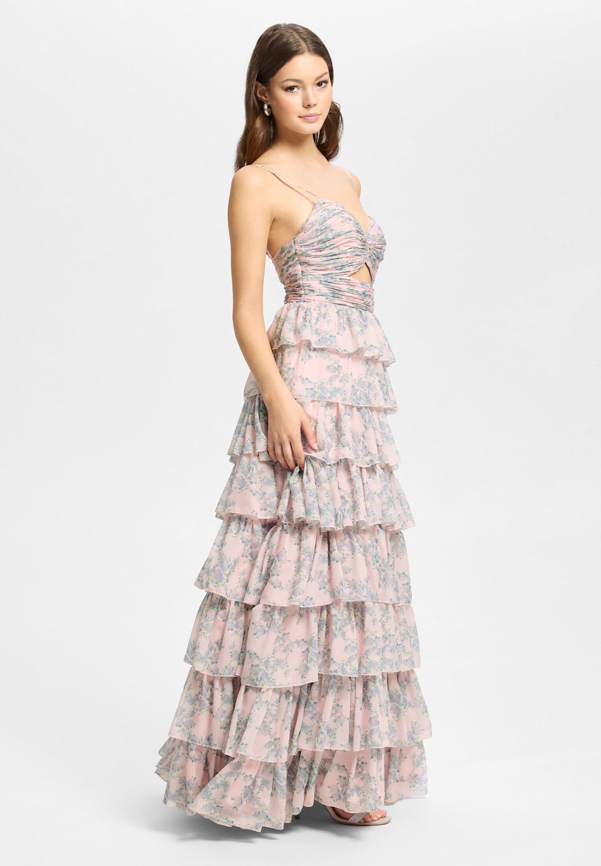 Printkleid mit Volantrock und Cut-out Detail