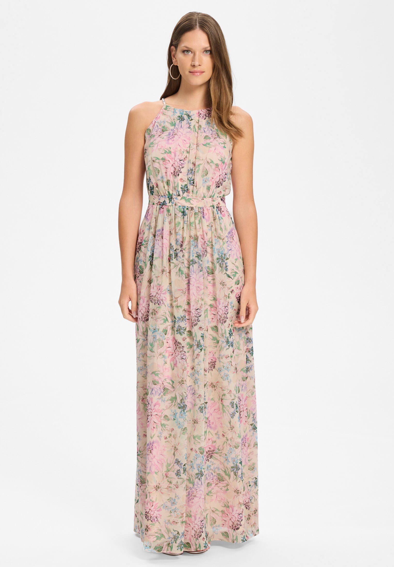 Abendkleid aus floral bedrucktem Chiffon mit Zierträgern rose | multi