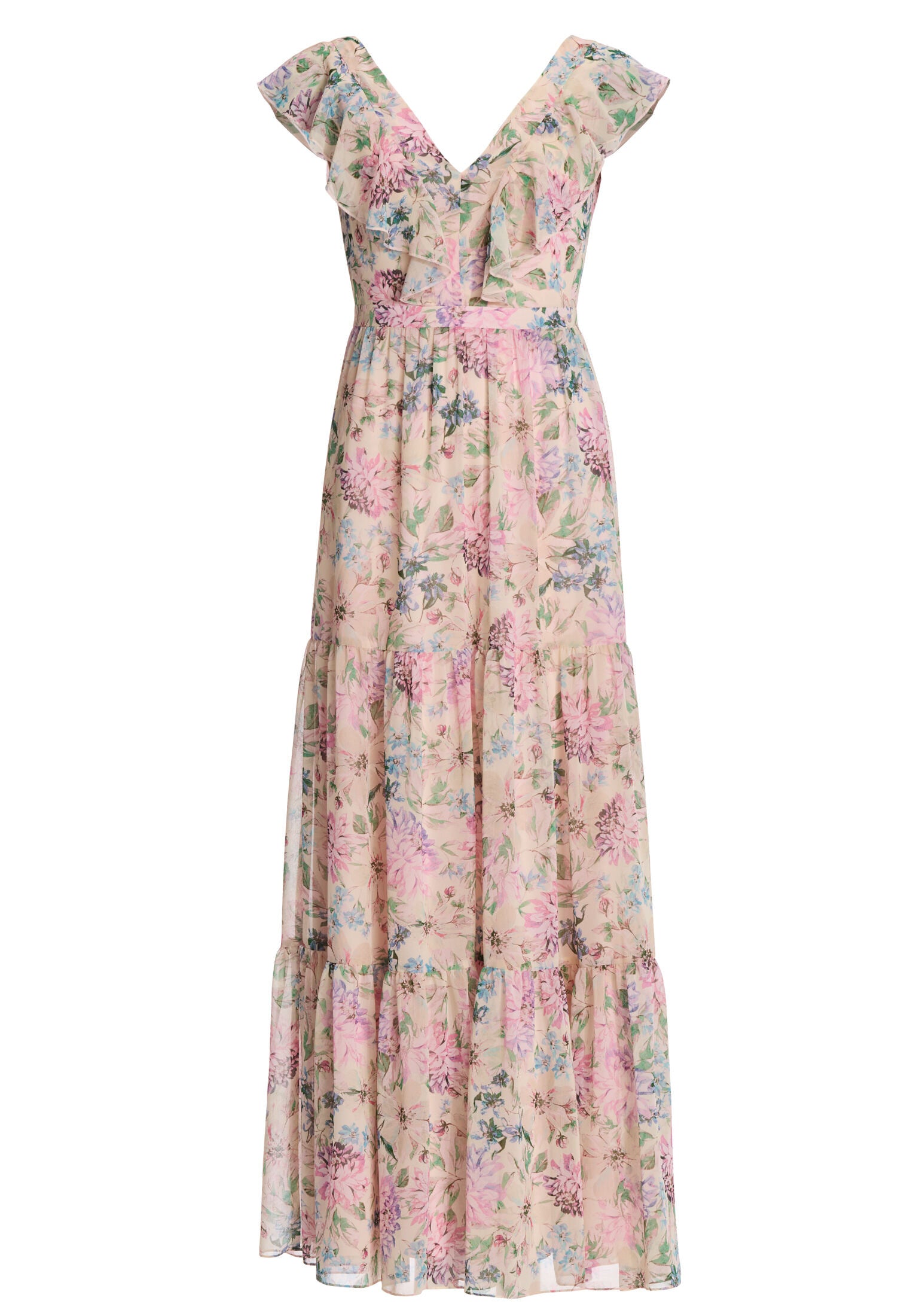 Maxikleid aus floral bedrucktem Chiffon mit Rüschen und Volants