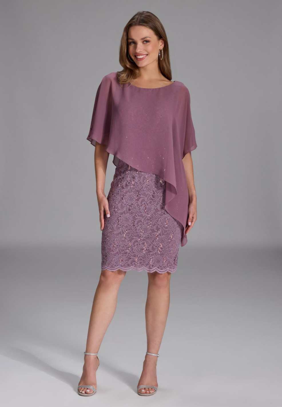 Pailletten-Kleid mit asymmetrischem Chiffon-Überwurf mauve