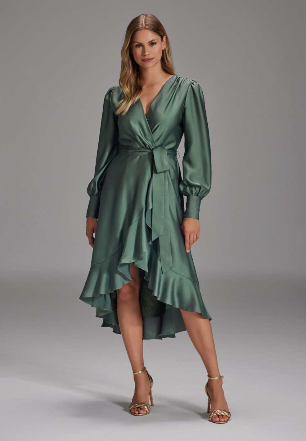 Vokuhila-Kleid mit blusigen Ärmeln moss green