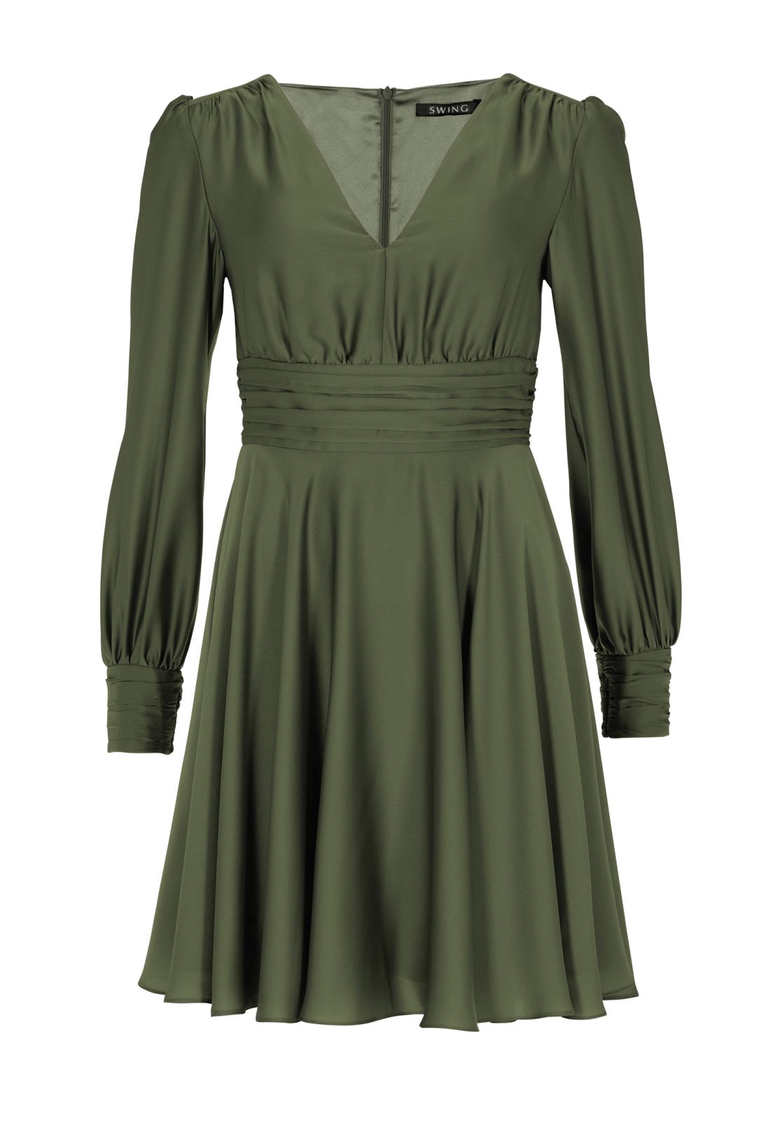 Cocktailkleid aus nachhaltigem Satin mit langen Ärmeln und Raff Details