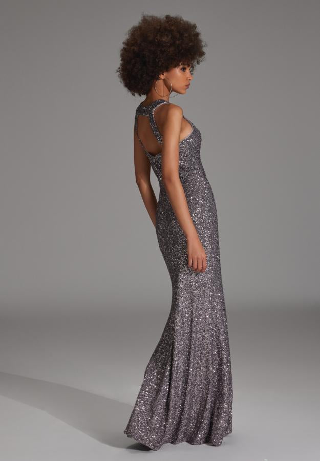 Abendkleid aus elastischer Paillette mit Racer- Back Ausschnitt und Beinschlitz