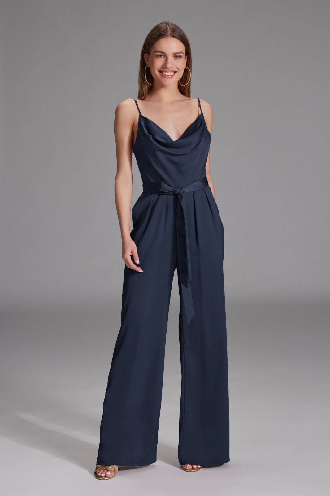 Satin Jumpsuit mit Bindegürtel navy