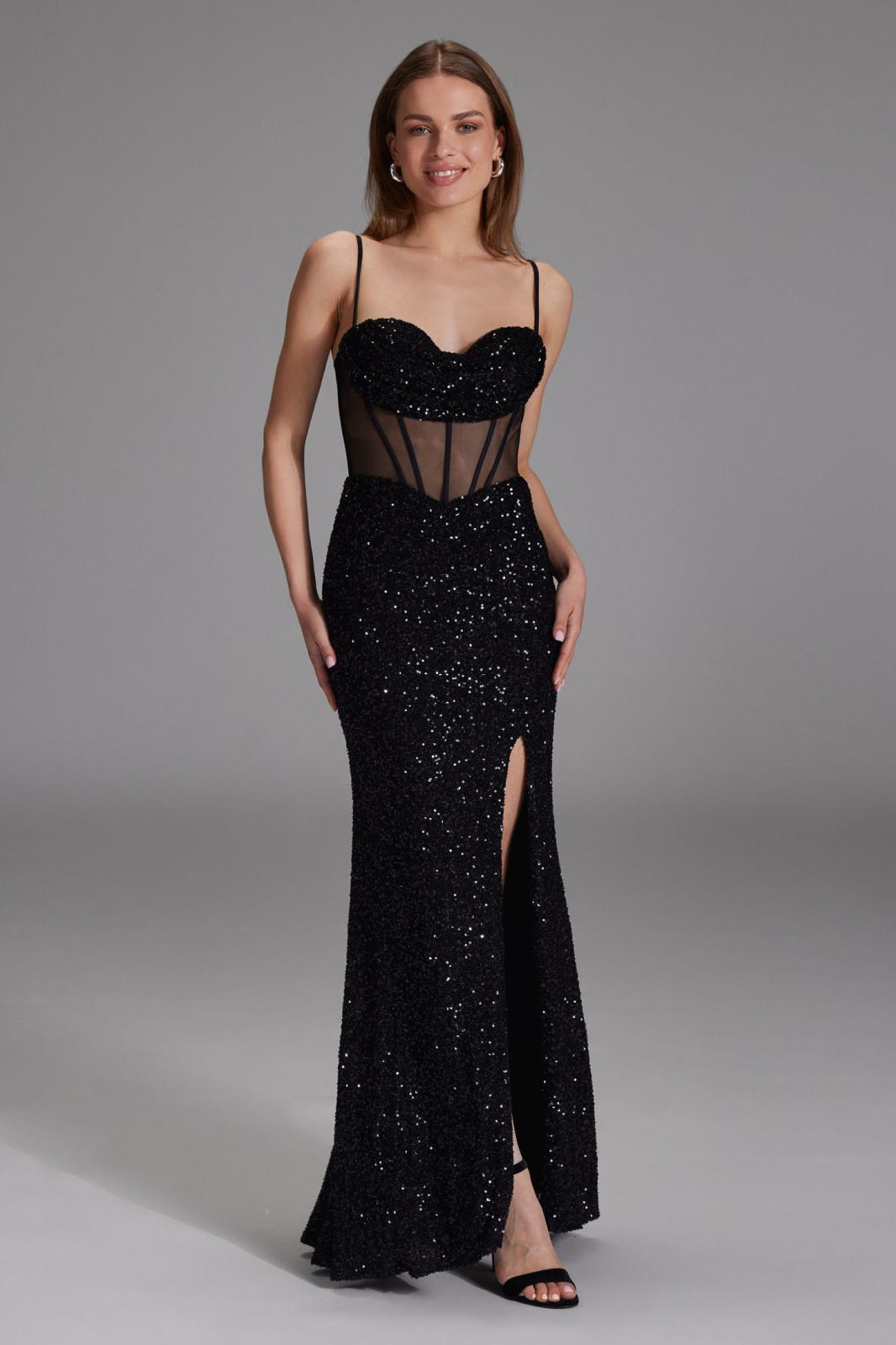 Paillettenkleid mit Taillenpart in See-through Optik black