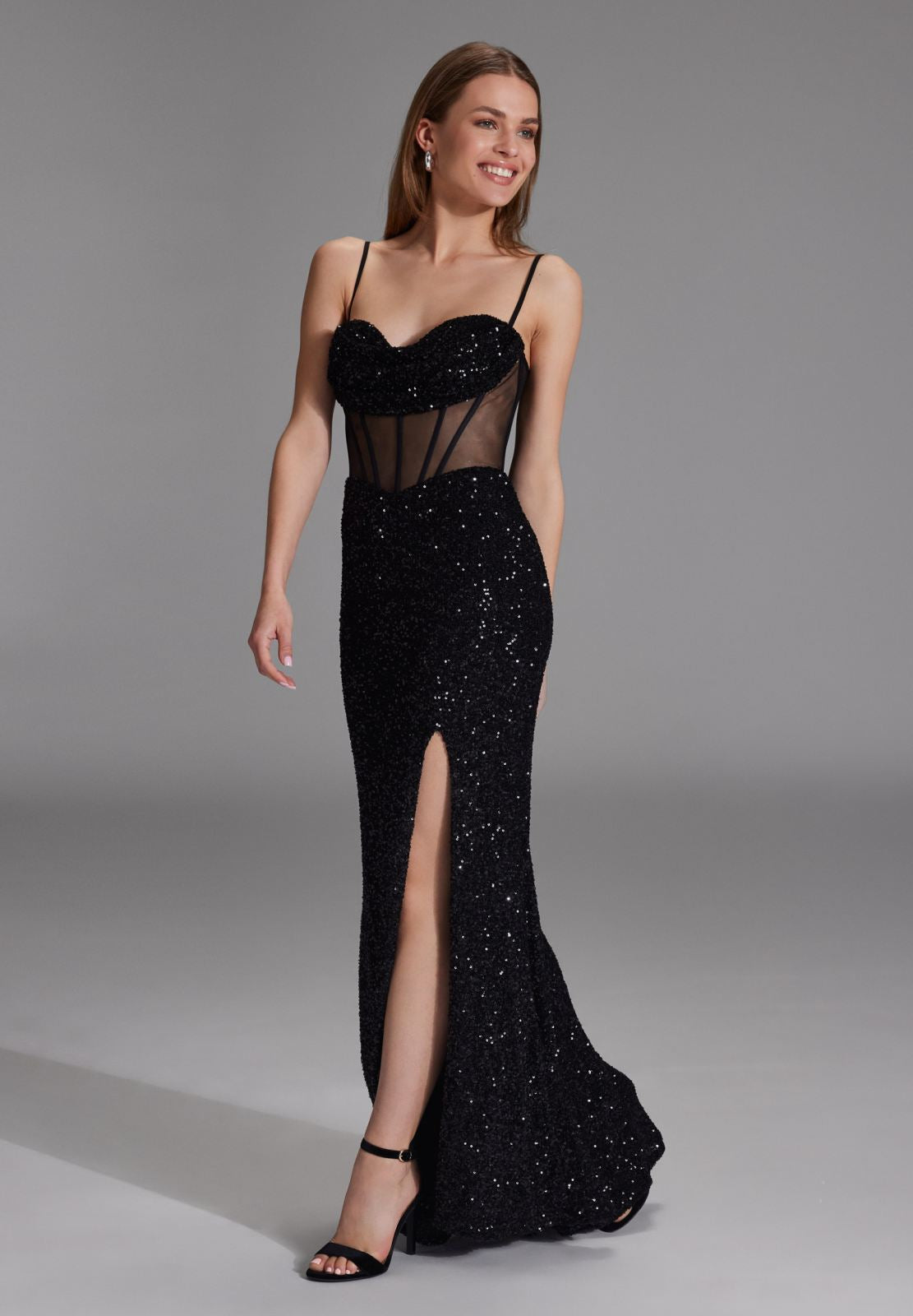 Paillettenkleid mit Taillenpart in See-through Optik