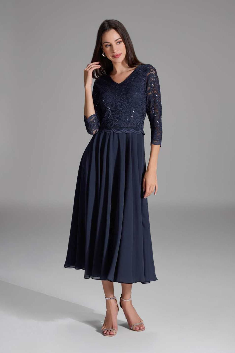 Midi Kleid mit paillettenbesetztem Spitzenoberteil navy