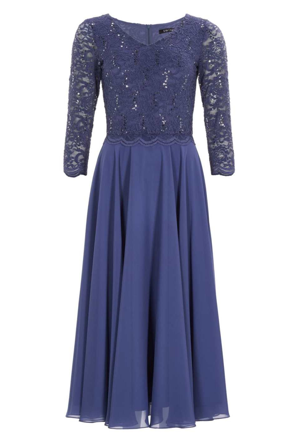 Midi Kleid mit paillettenbesetztem Spitzenoberteil