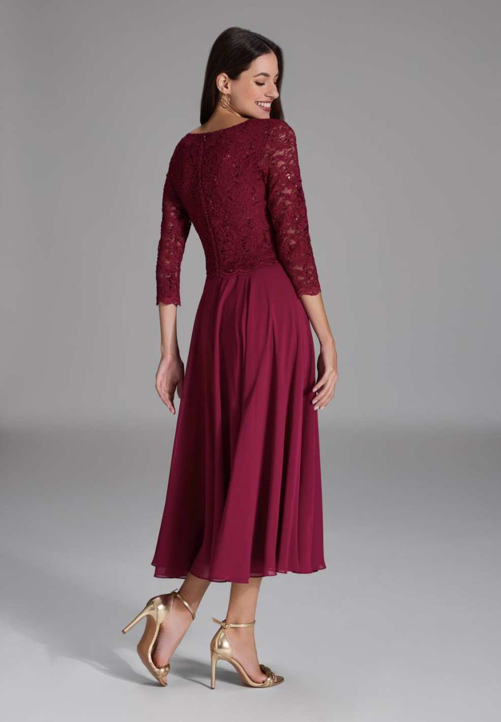 Midi Kleid mit paillettenbesetztem Spitzenoberteil