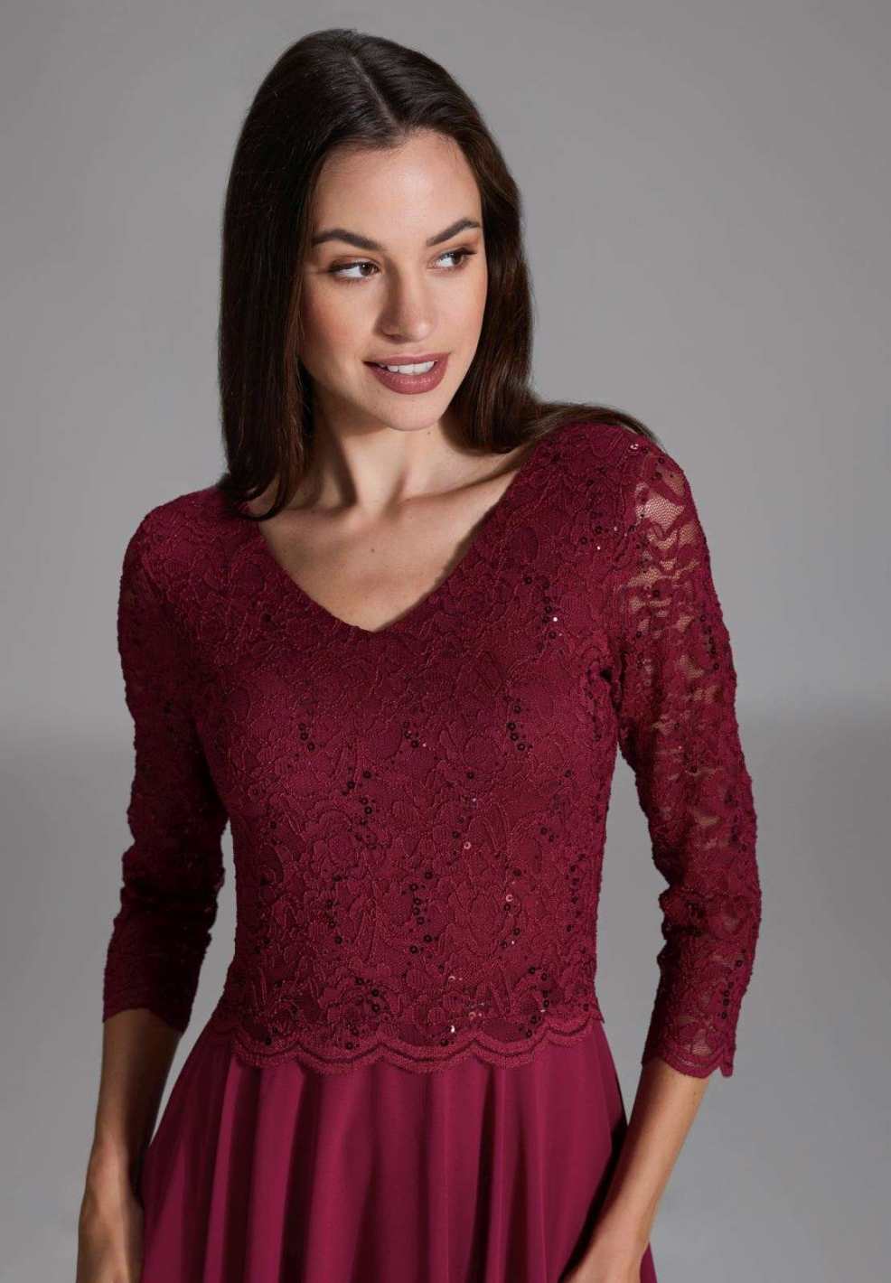 Midi Kleid mit paillettenbesetztem Spitzenoberteil