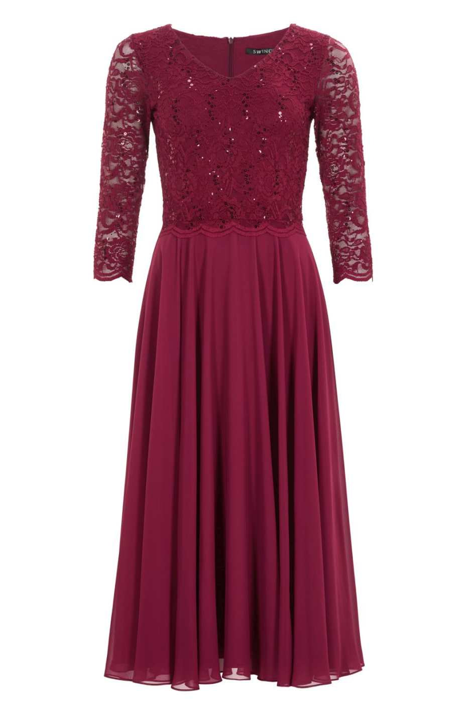 Midi Kleid mit paillettenbesetztem Spitzenoberteil