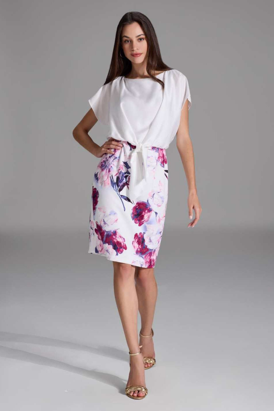 Etuikleid aus floral bedrucktem Scuba und Satin