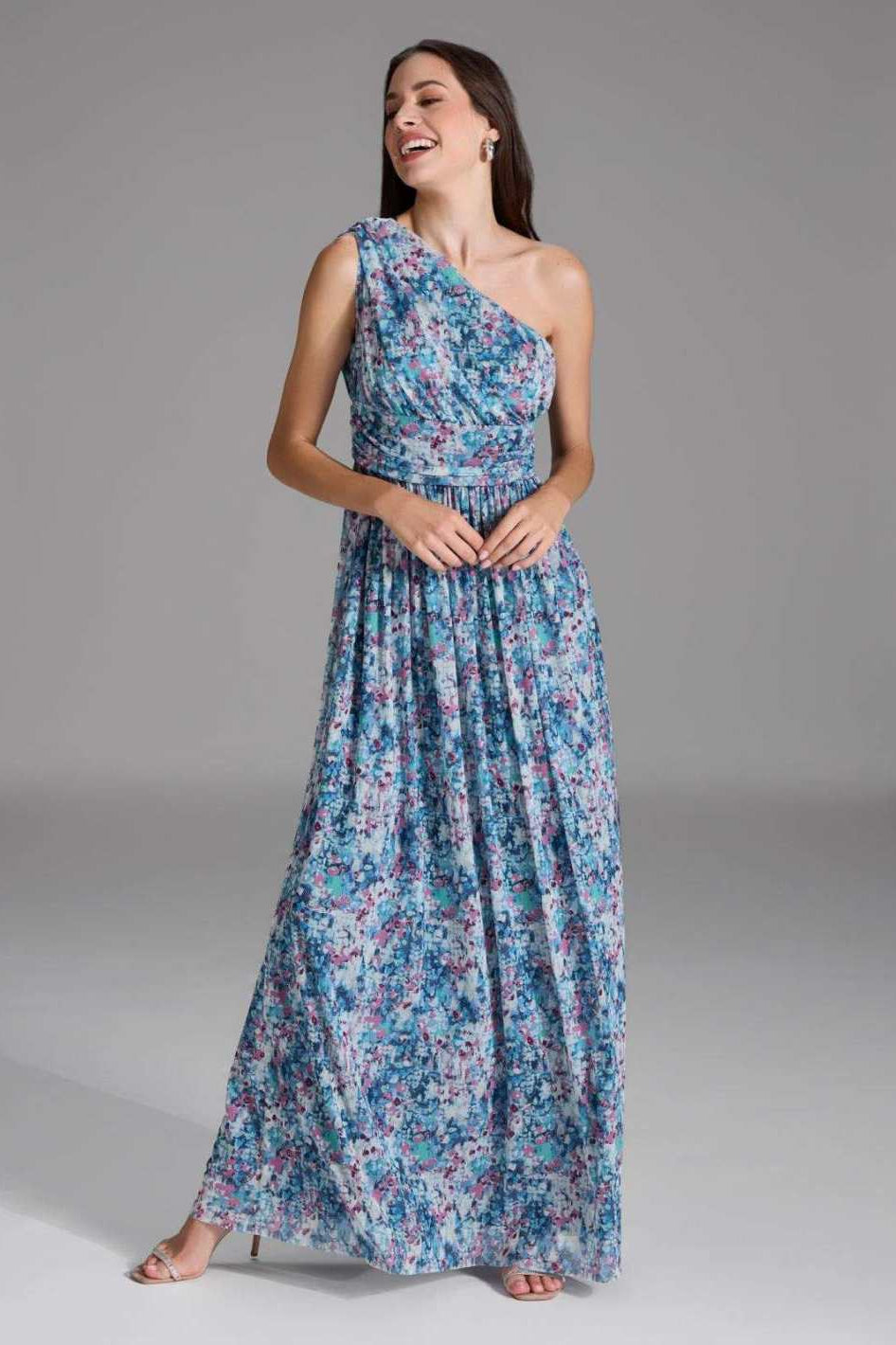 One Shoulder Abendkleid aus floral bedrucktem Mesh