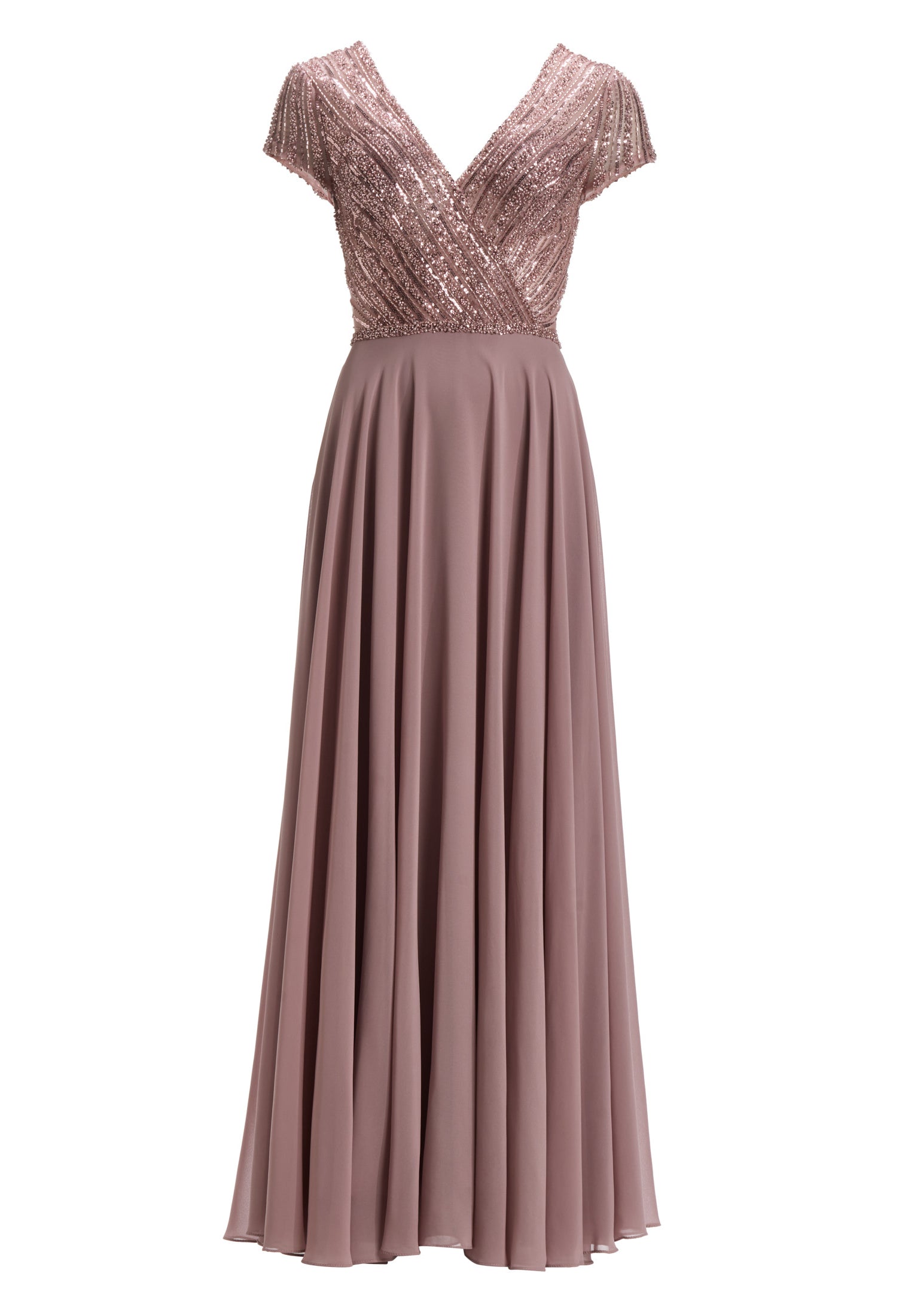 Besticktes Chiffonkleid mit kurzen Ärmeln