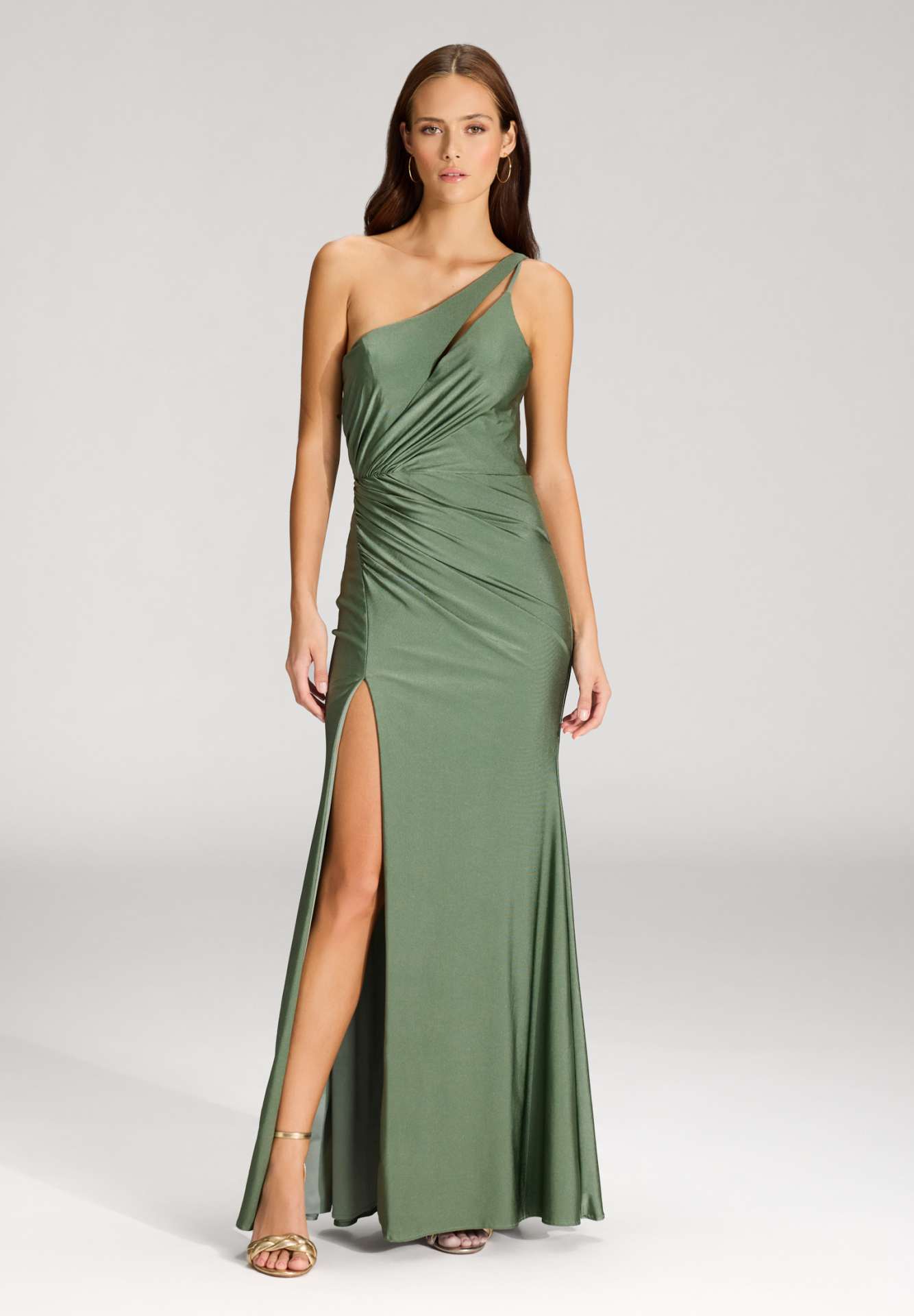 One-Shoulder-Kleid mit Cut-Out und Beinschlitz matcha green