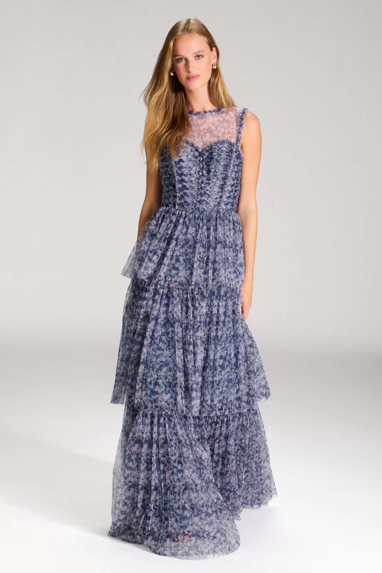 Printkleid aus Tüll mit Rüschendetails blue rose print