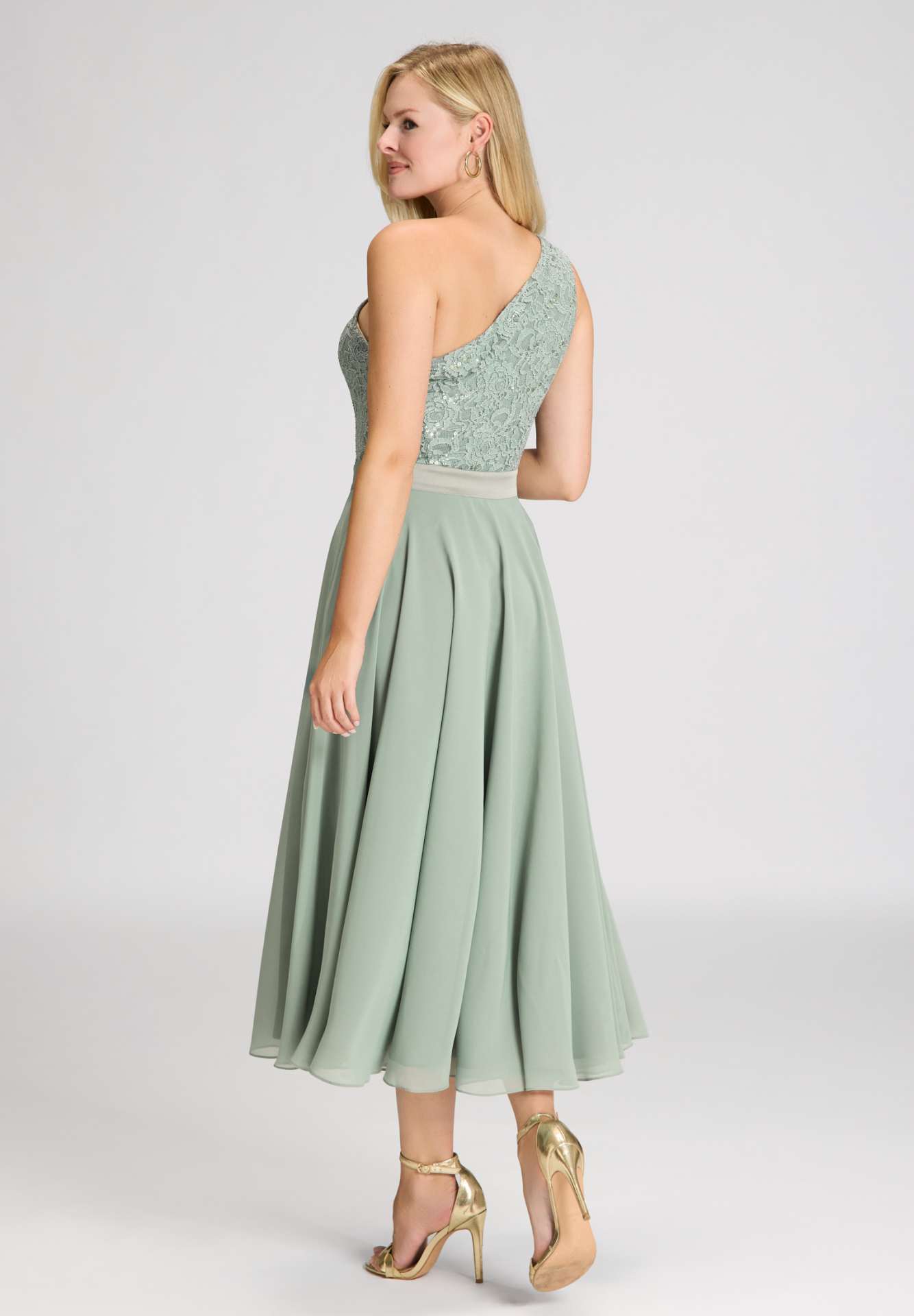 One Shoulder Midi Kleid aus Material Mix