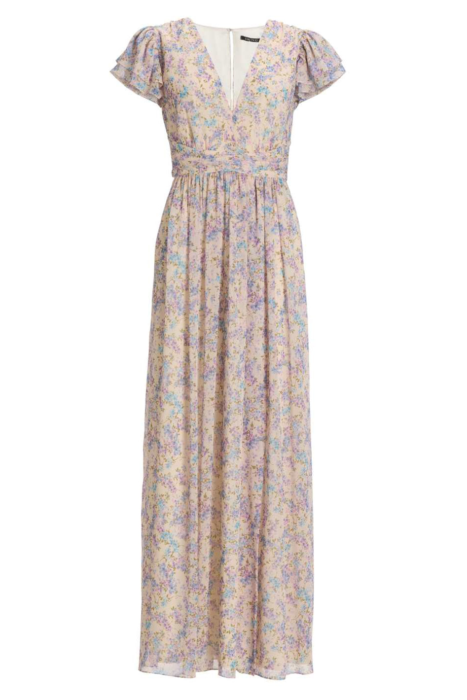 Maxikleid mit kurzen Flügelärmeln aus floral bedrucktem Crinkle Chiffon