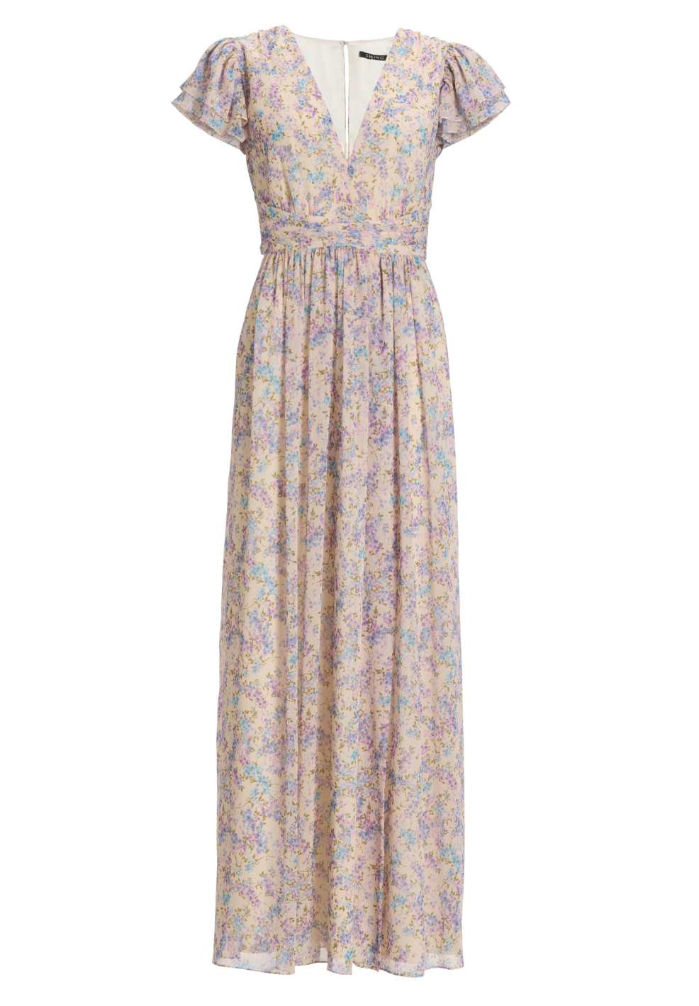 Maxikleid mit kurzen Flügelärmeln aus floral bedrucktem Crinkle Chiffon