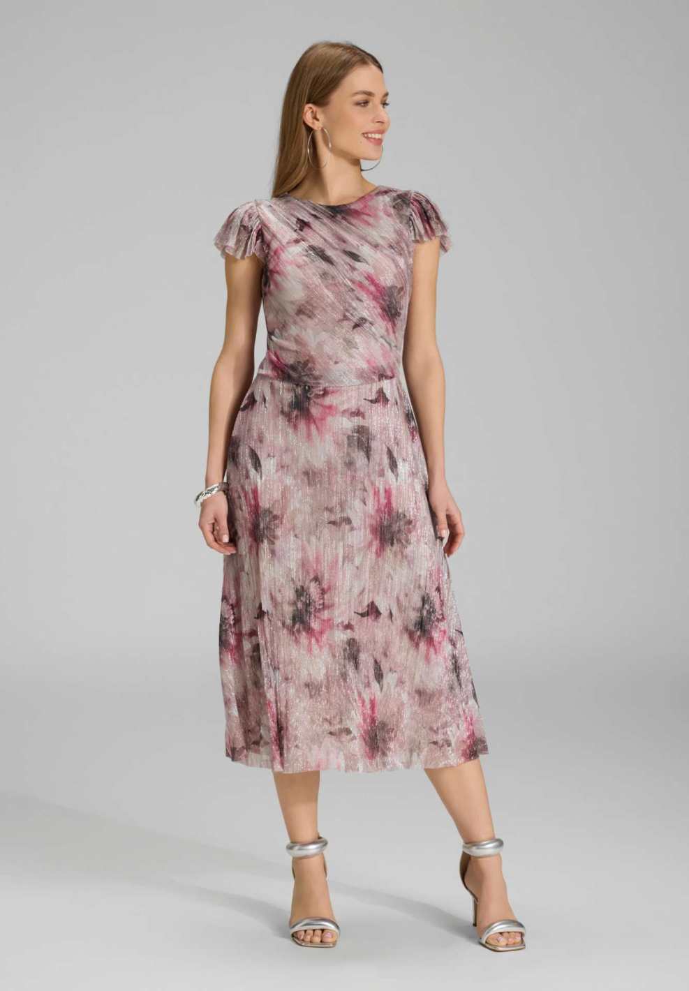 Midi Kleid aus bedrucktem Plissee Jersey mit kurzen Ärmeln raspberry pink multi