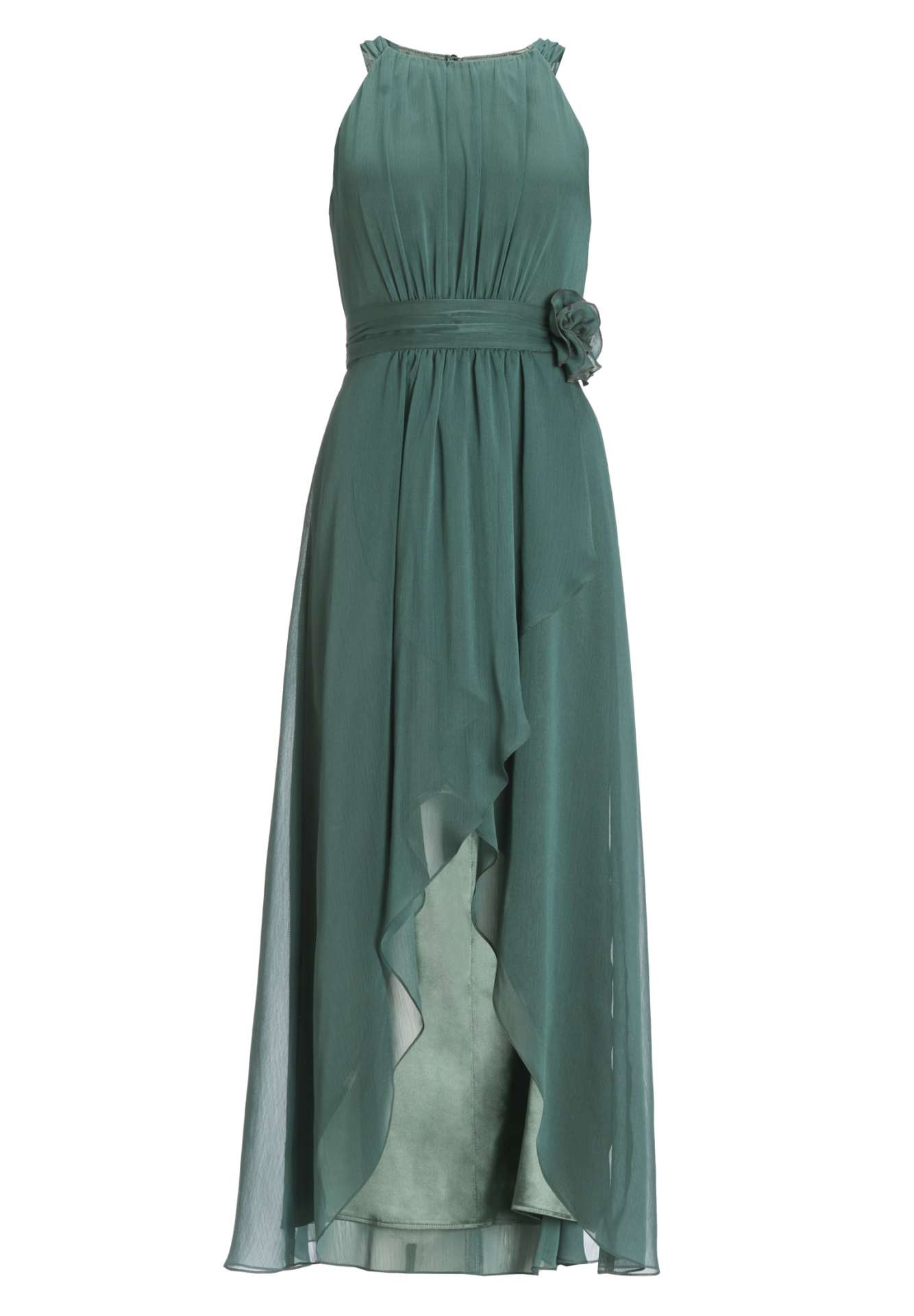 Abendkleid aus Chiffon mit Vokuhila Saum und Stoffblüte