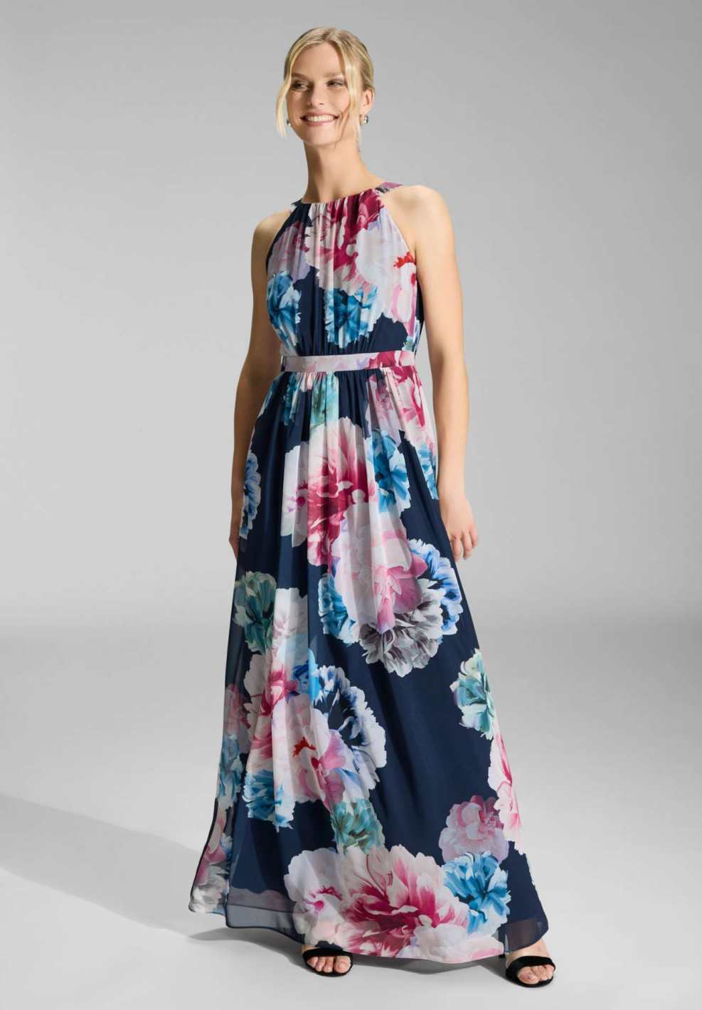 Abendkleid aus bedrucktem Chiffon navy multi