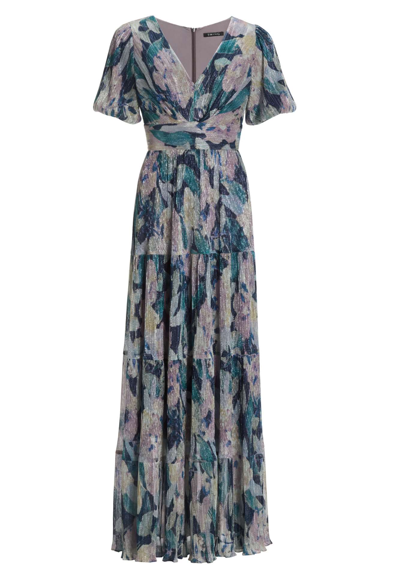 Abendkleid mit Puffärmeln aus bedrucktem Plissee Jersey