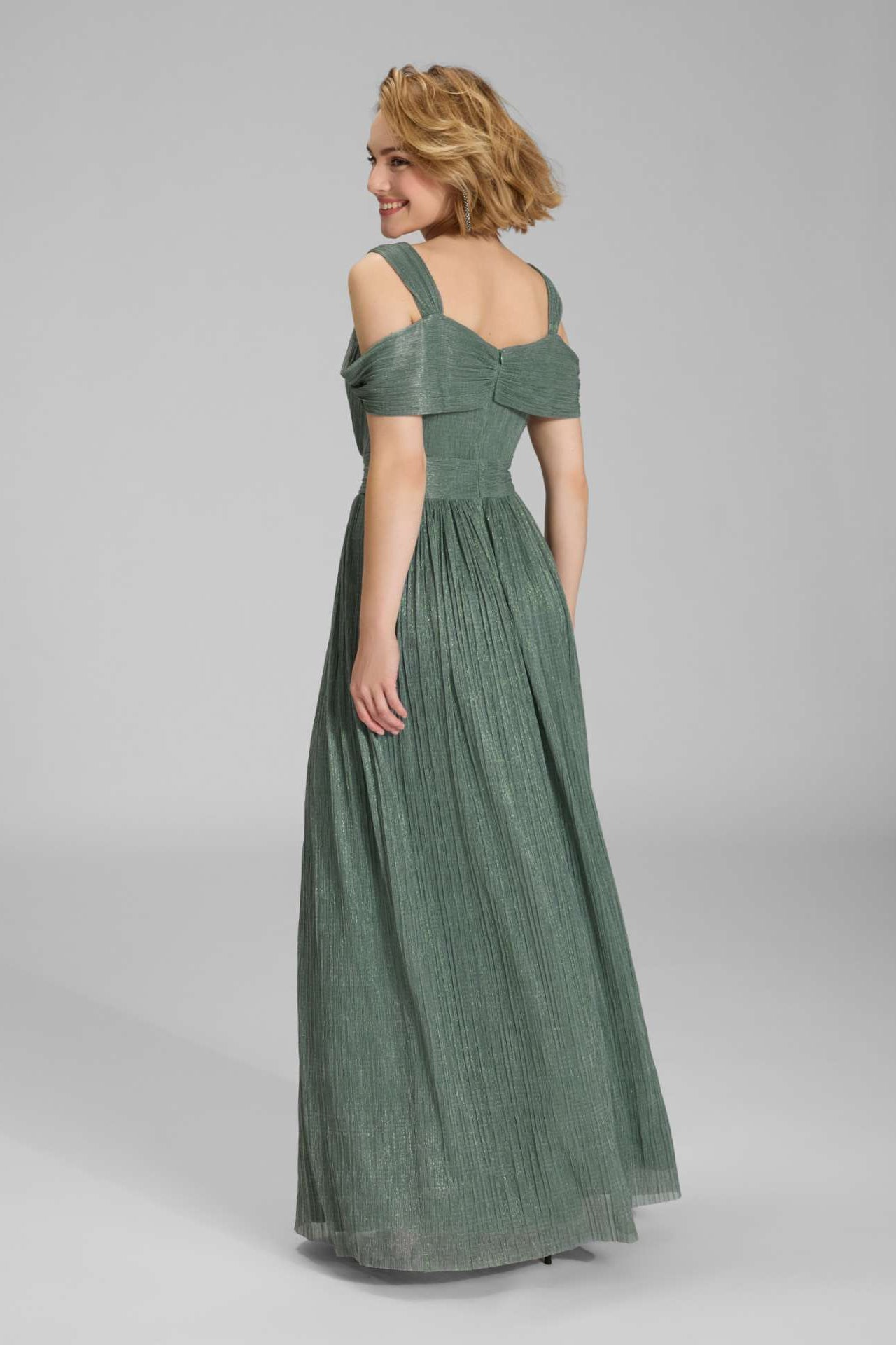 Abendkleid aus plissiertem Jersey mit metallic Fäden und Cold Shoulder Trägern