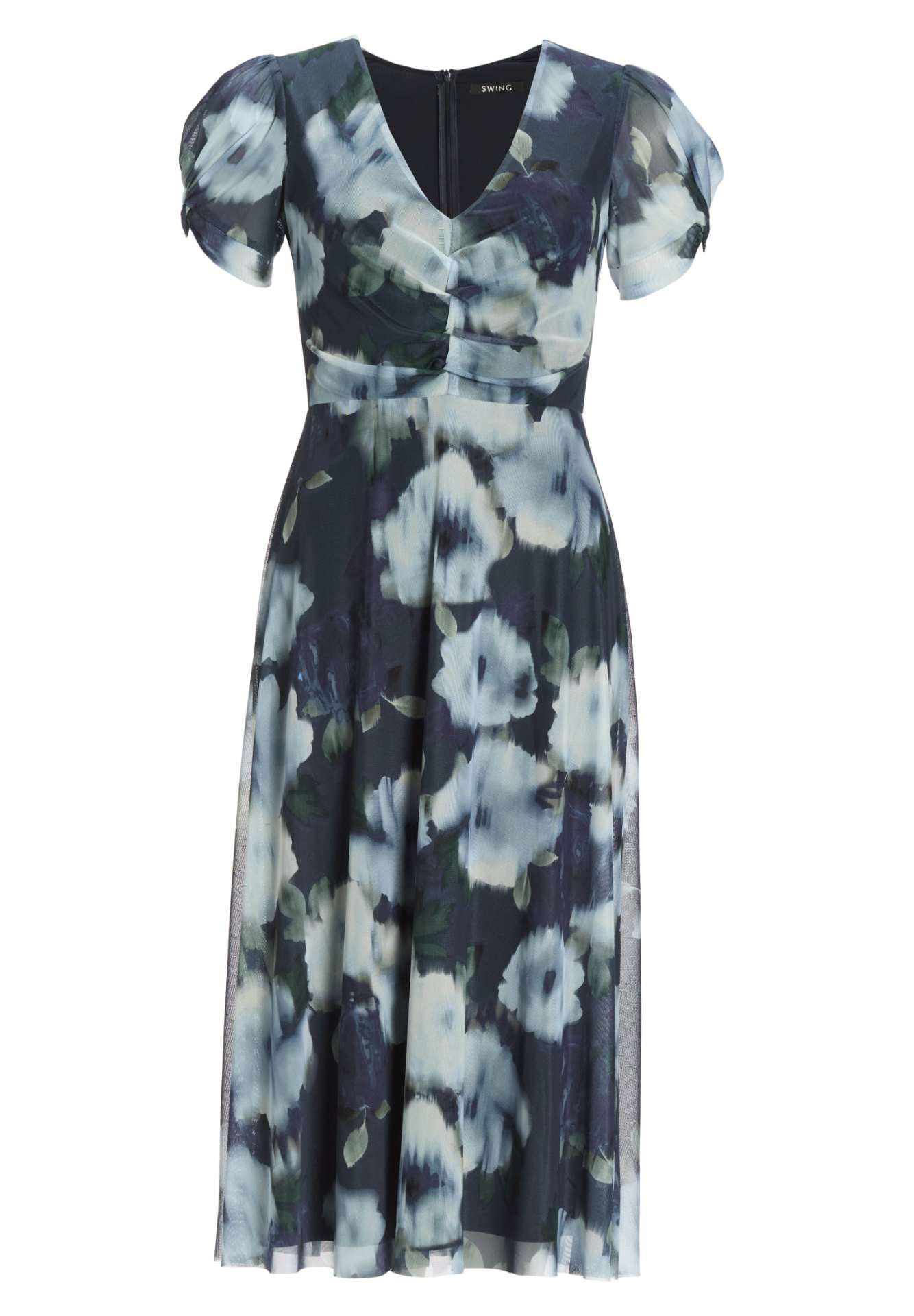 Midi Kleid mit Ärmel aus Mesh mit Ikat Druck