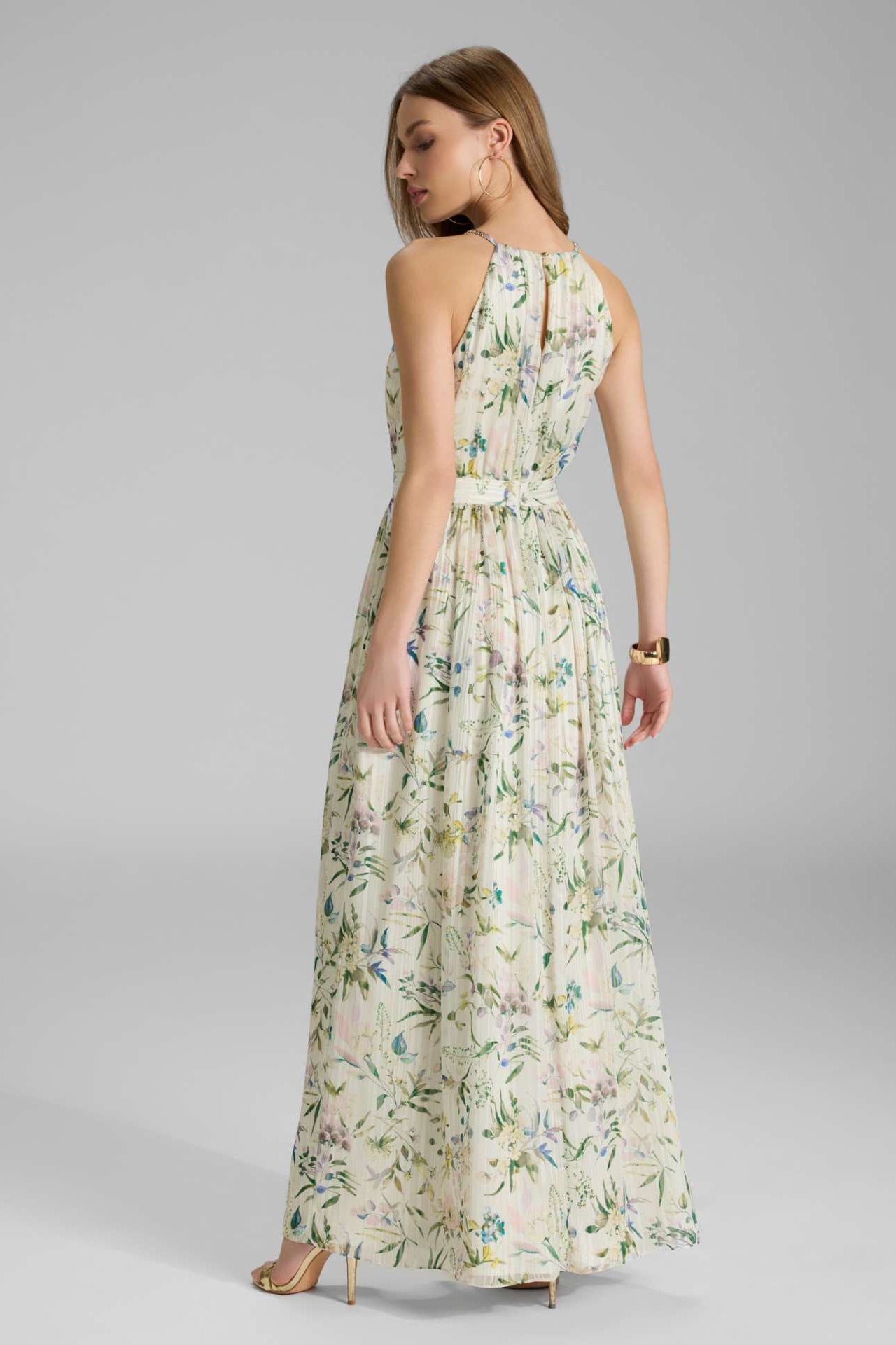 Abendkleid aus bedrucktem Chiffon mit Glitzerstreifen und Zierträgern