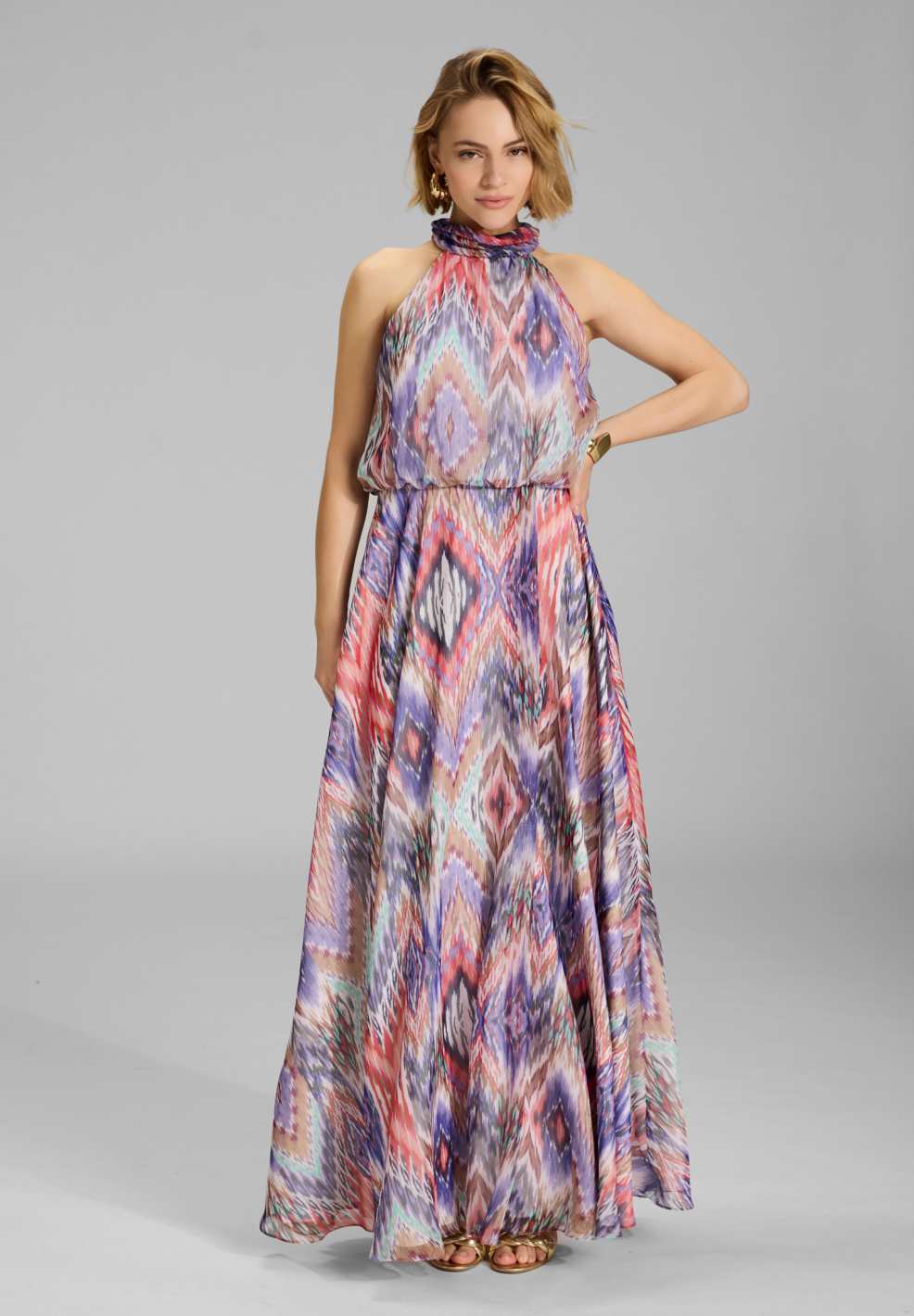 Maxikleid mit Beinschlitz aus Chiffon mit Zick Zack Print Rose Red