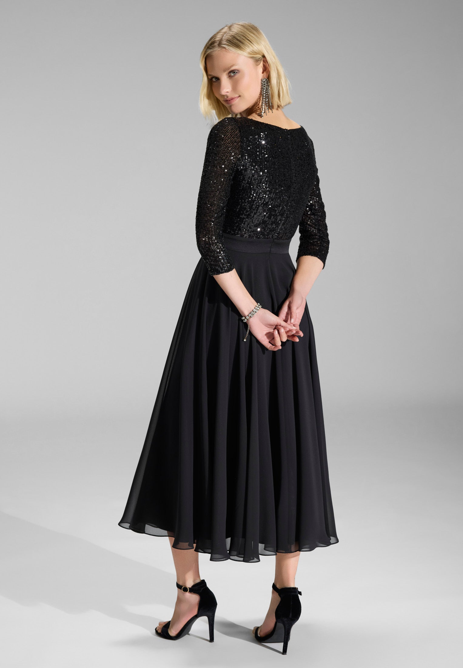 Midi Kleid mit Top aus elastischer Paillette und Chiffonrock