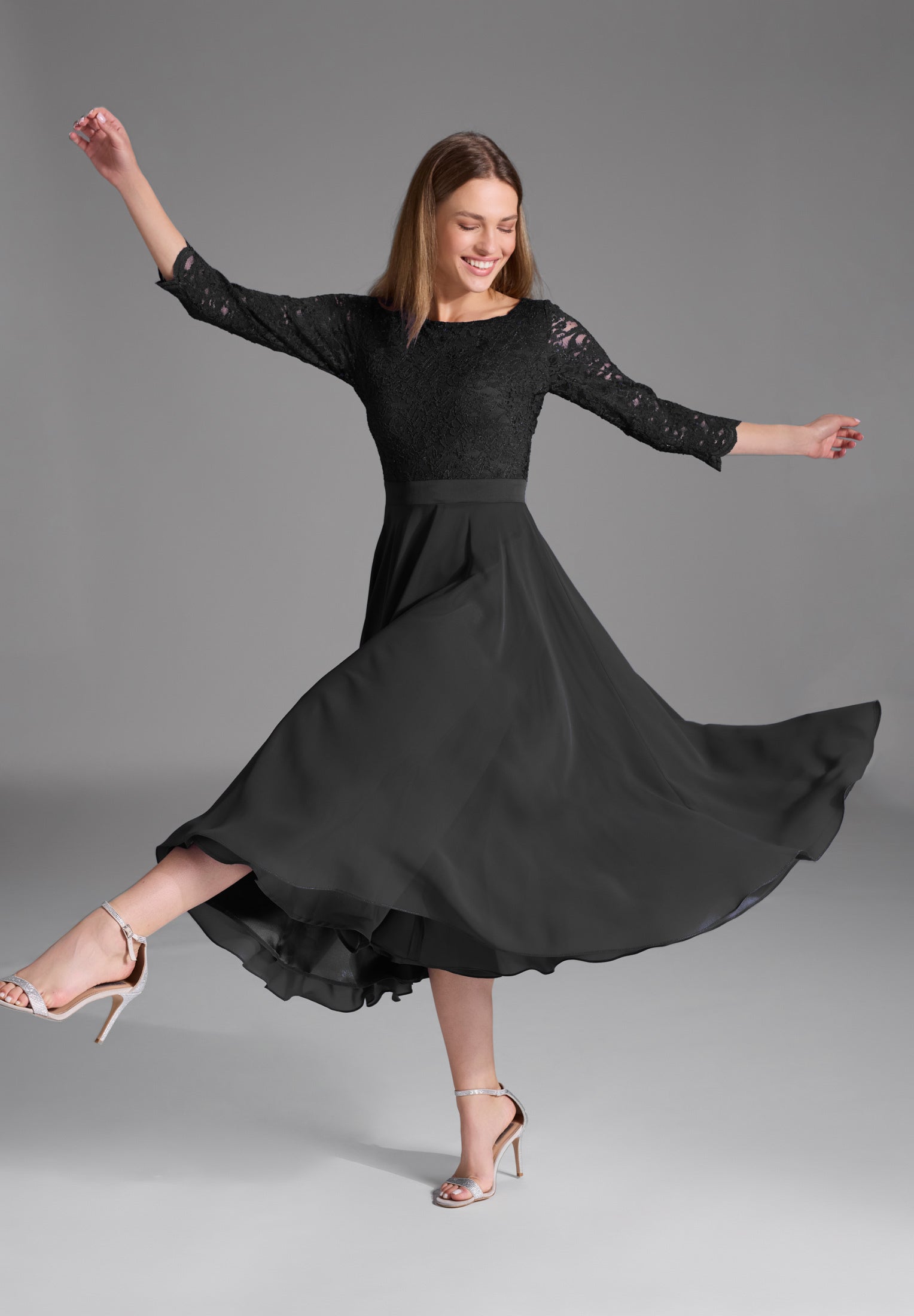 Abendkleid Midi mit Oberteil aus floraler Spitze und Chiffon Rock