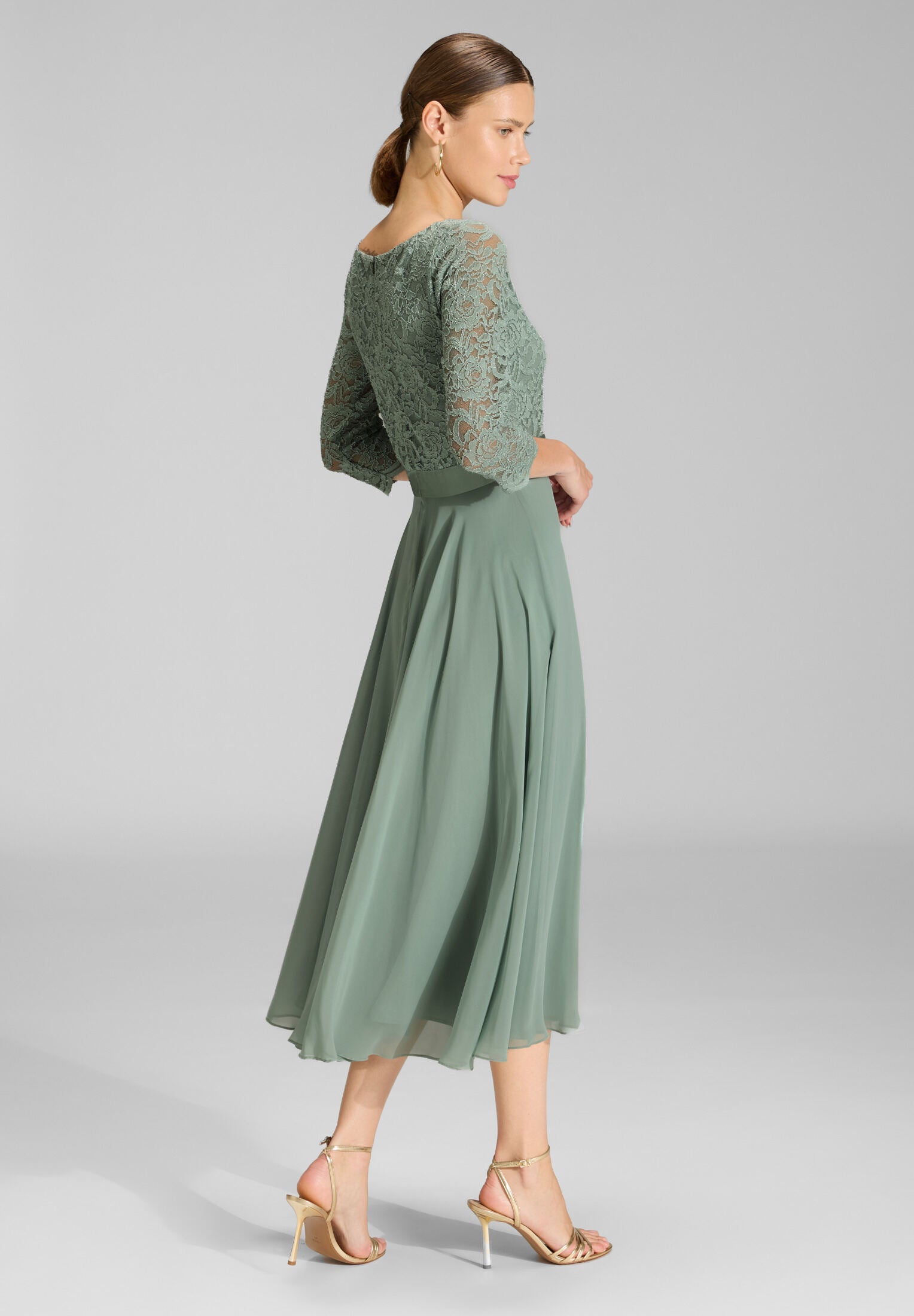 Abendkleid Midi mit Oberteil aus floraler Spitze und Chiffon Rock
