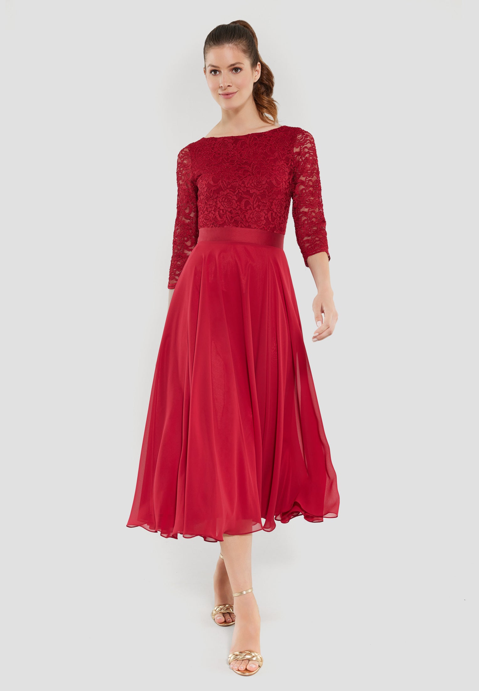 Abendkleid Midi mit Oberteil aus floraler Spitze und Chiffon Rock rio red