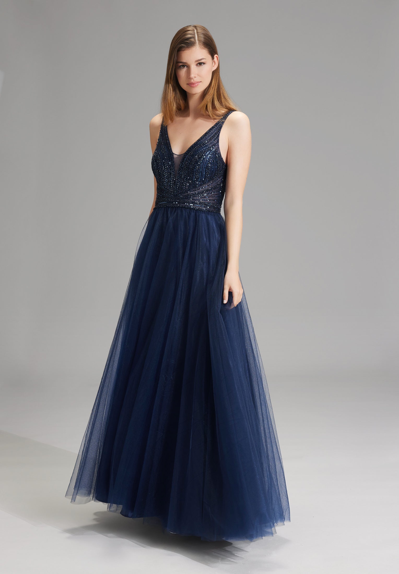 Lange Tüllrobe mit Netzeinsatz navy