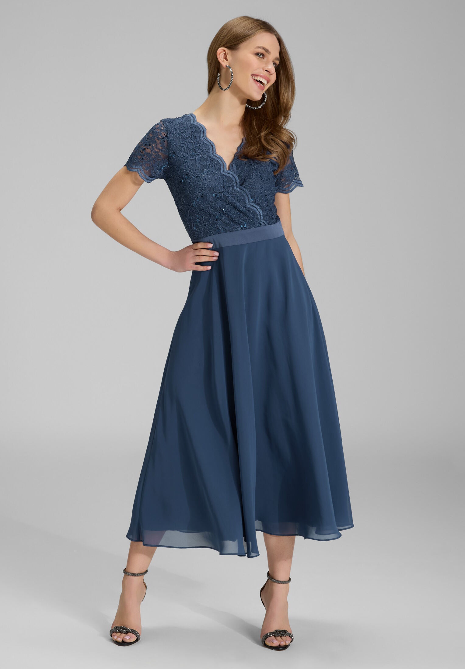 Cocktailkleid Halbarm aus Spitze-Chiffon-Mix