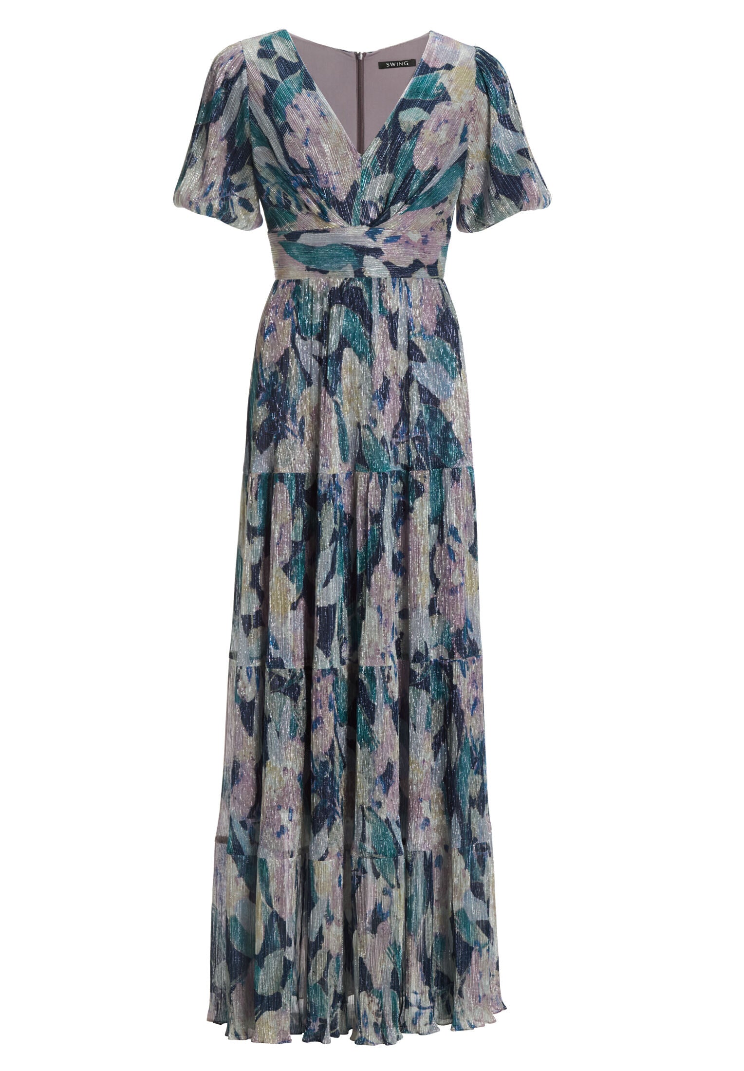 Abendkleid mit Puffärmeln aus bedrucktem Plissee Jersey