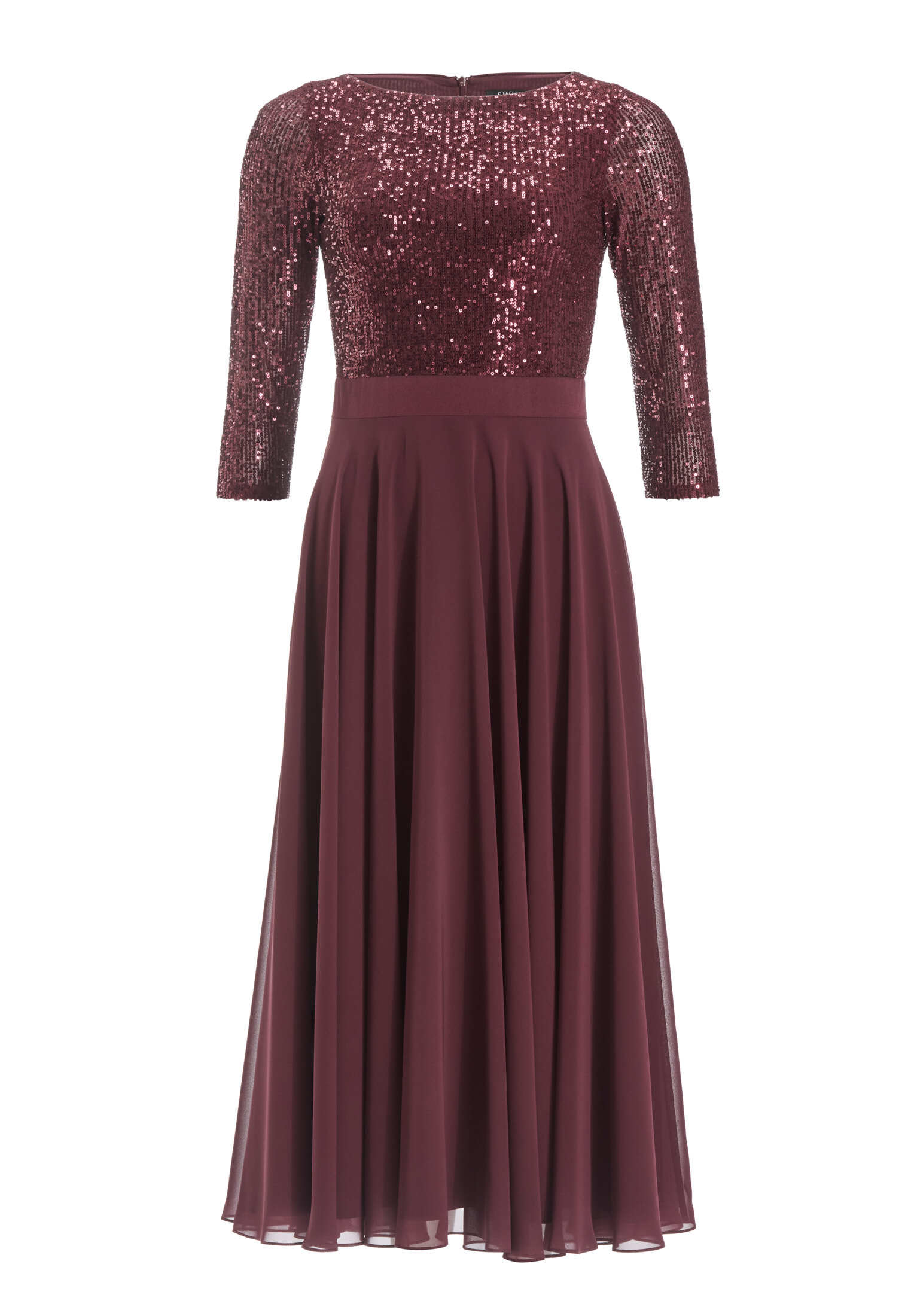 Cocktailkleid in Midi Länge mit Top aus elastischer Paillette und Tellerrock in Chiffon
