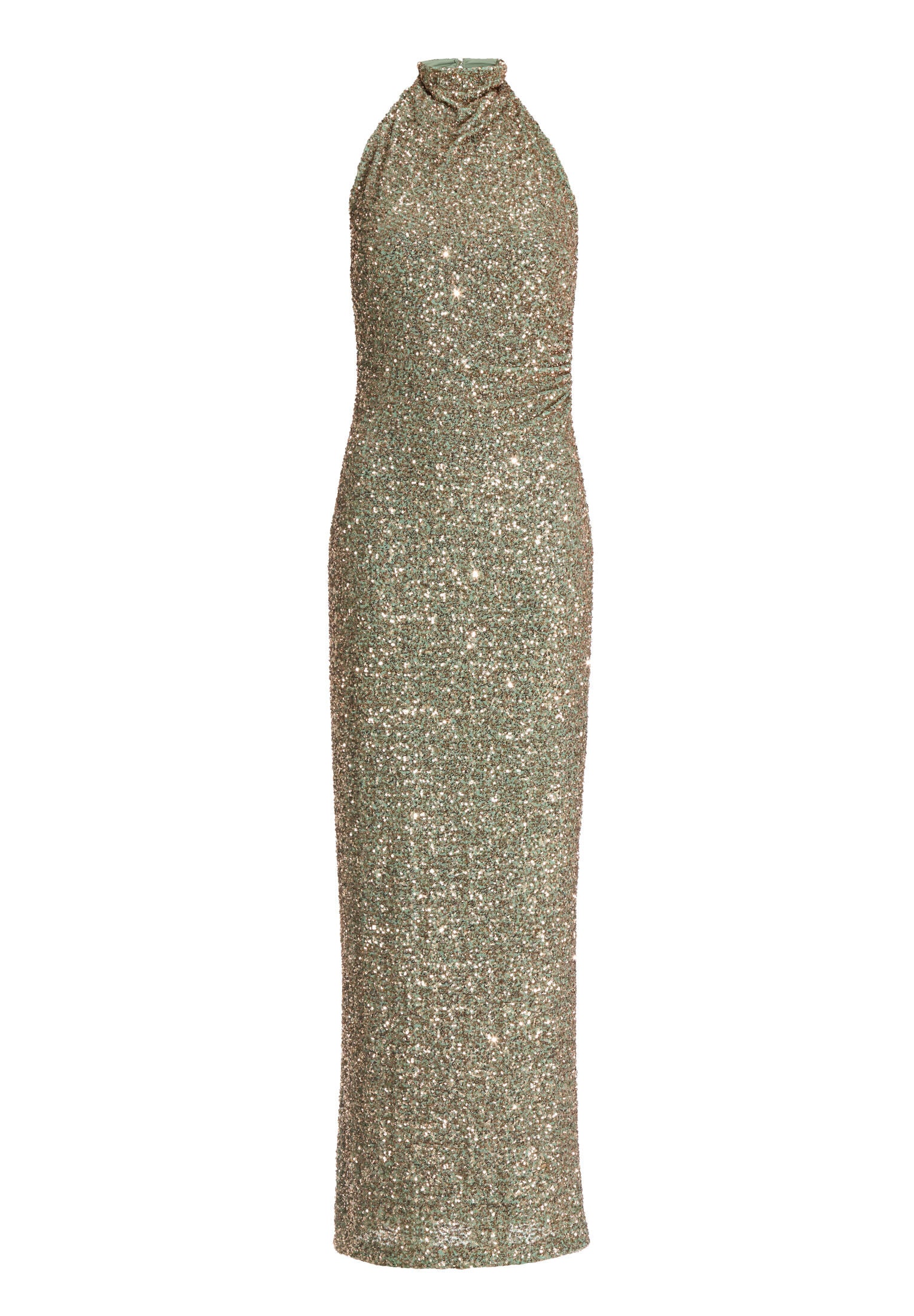 Figurbetontes Paillettenkleid mit Drapierung am Kragen