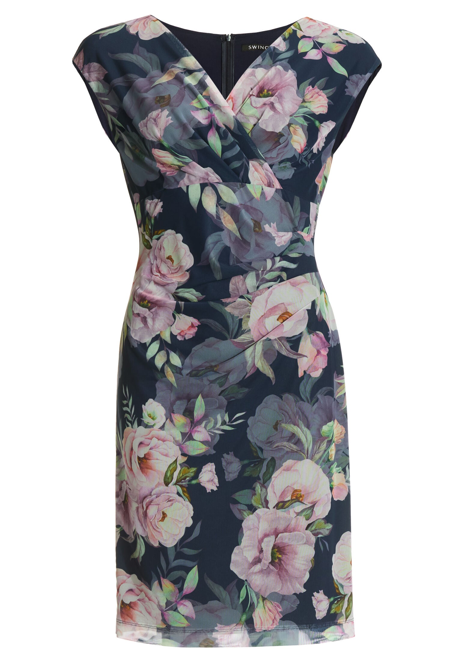 Etuikleid mit Wickel-Ausschnitt aus bedrucktem Mesh