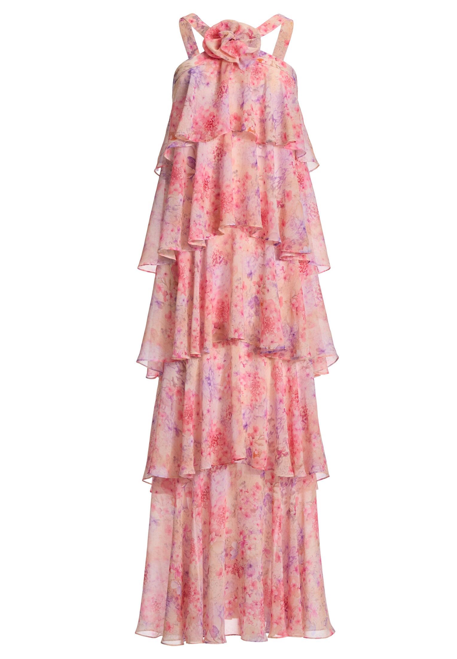 Abendkleid aus bedrucktem Chiffon mit gestuften Volants und Stoffblüte