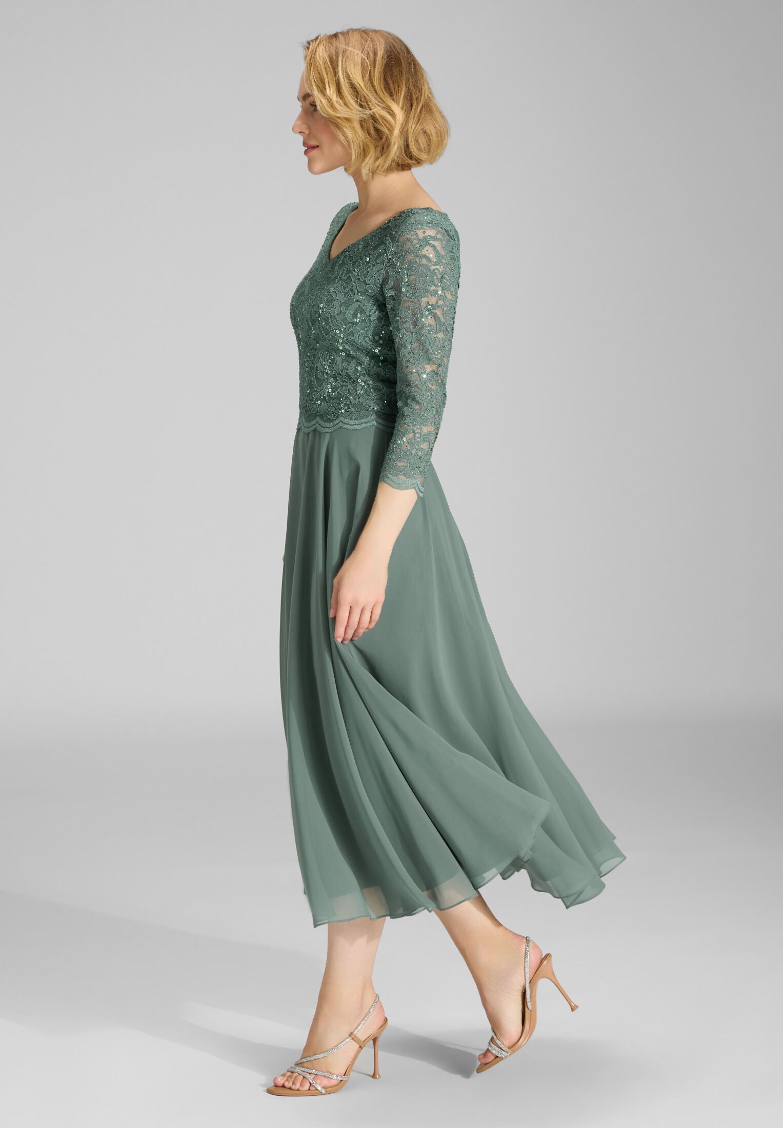 Midi Kleid mit paillettenbesetztem Spitzenoberteil