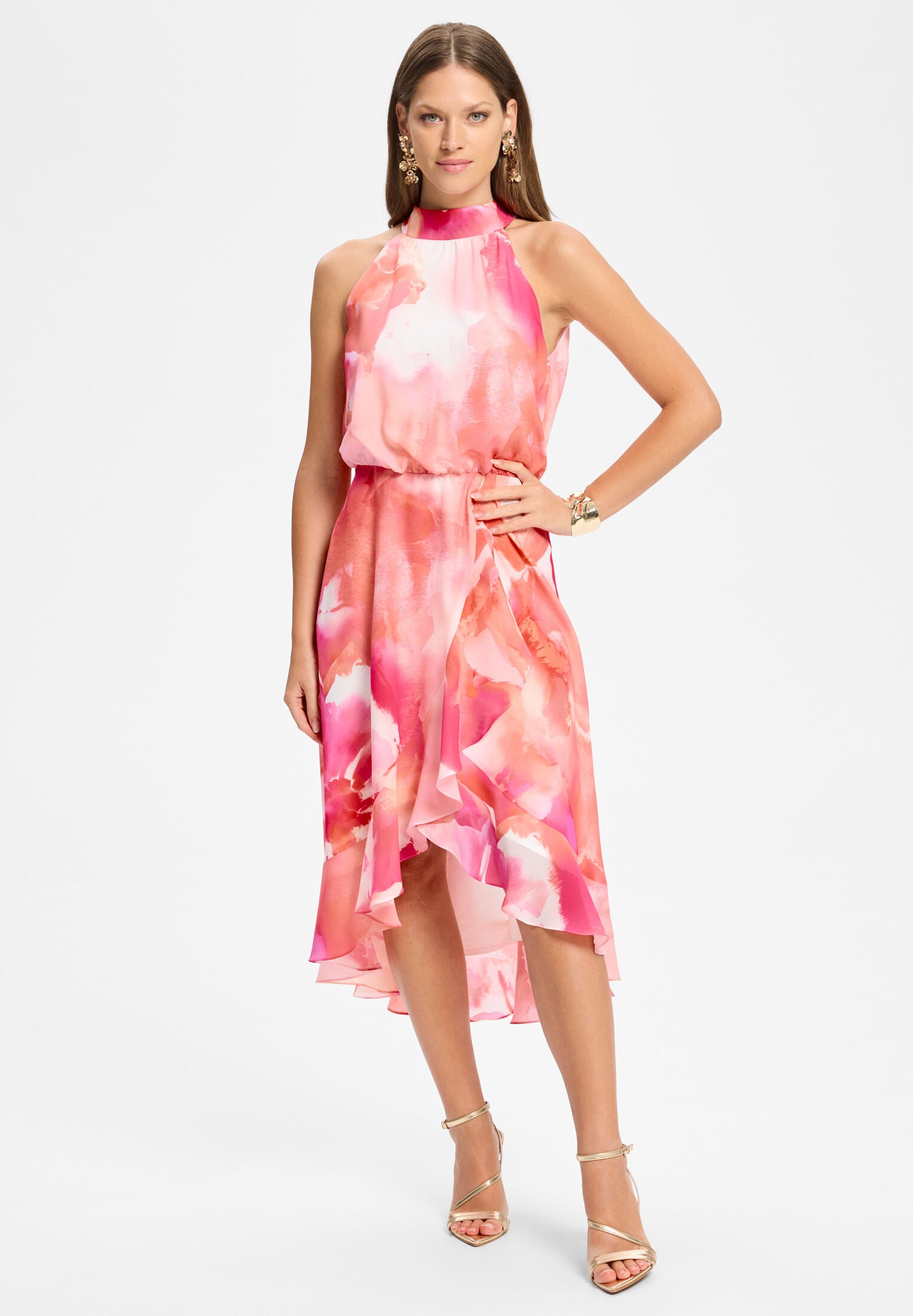 Cocktail Kleid aus bedrucktem Chiffon mit Volant am Saum hibiskus pink | multi