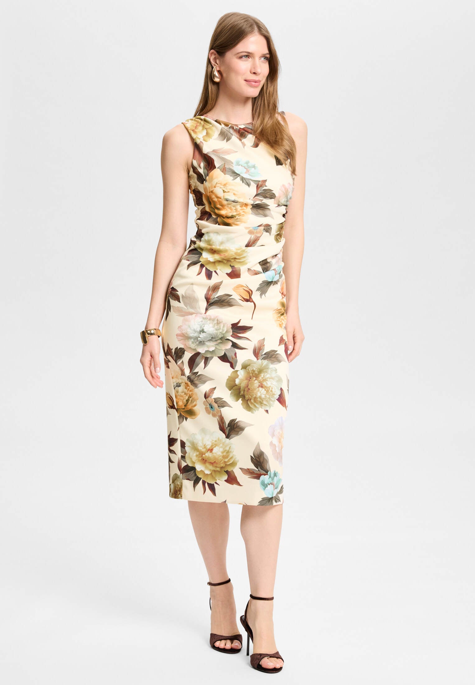 Midi Kleid aus bedrucktem Scuba mit Drapierung champagne beige | chocolate brown