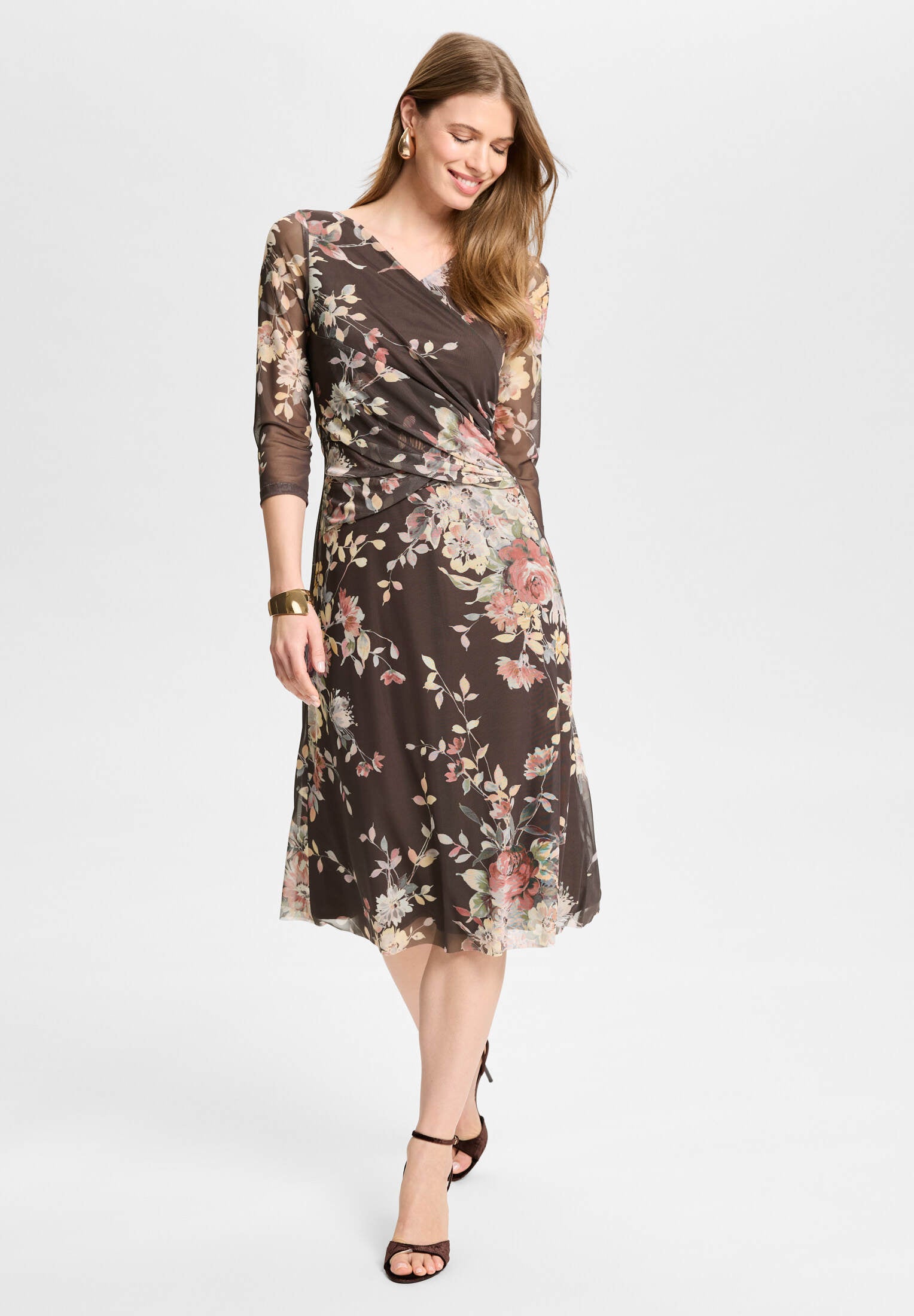 Midi Kleid aus Mesh in Wickel Optik chocolate brown
