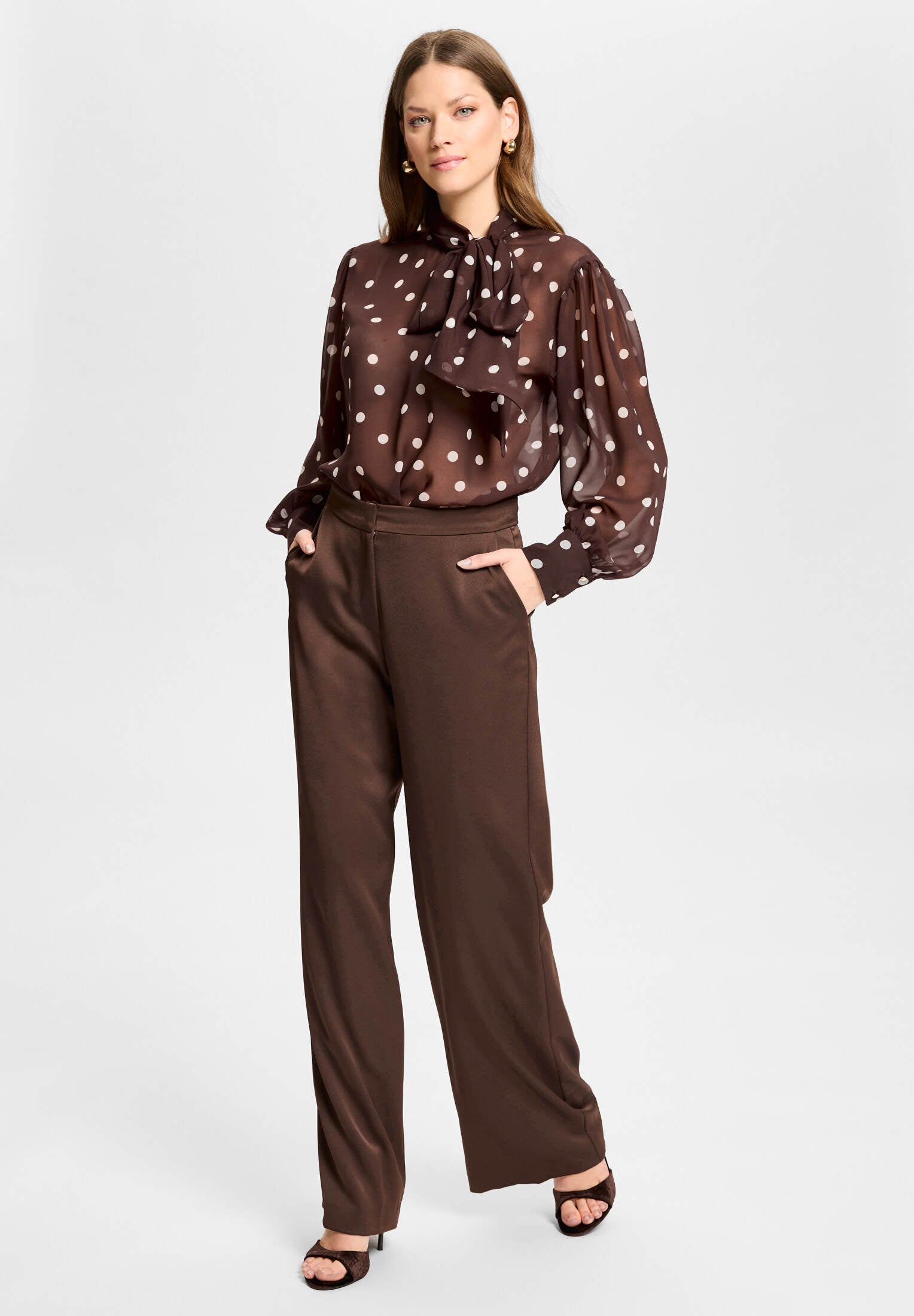 Schluppenbluse mit Polka Dots chocolate brown | ivory