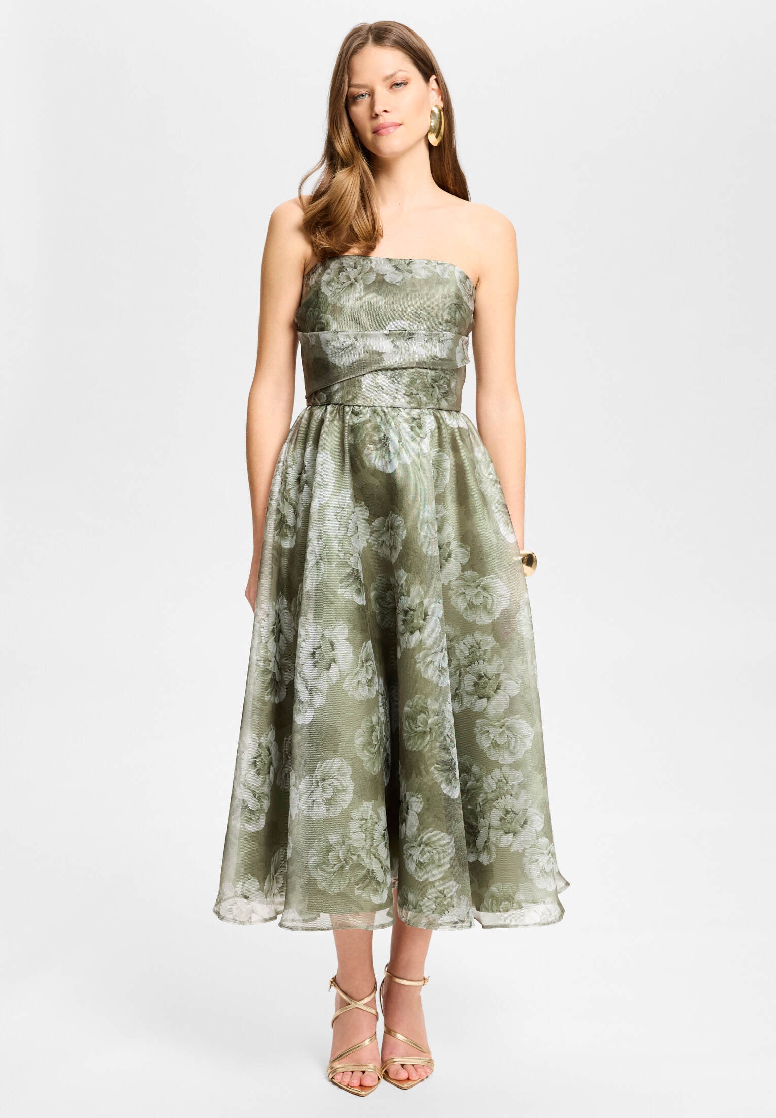 Korsage Kleid aus bedrucktem Organza khaki green | ivory