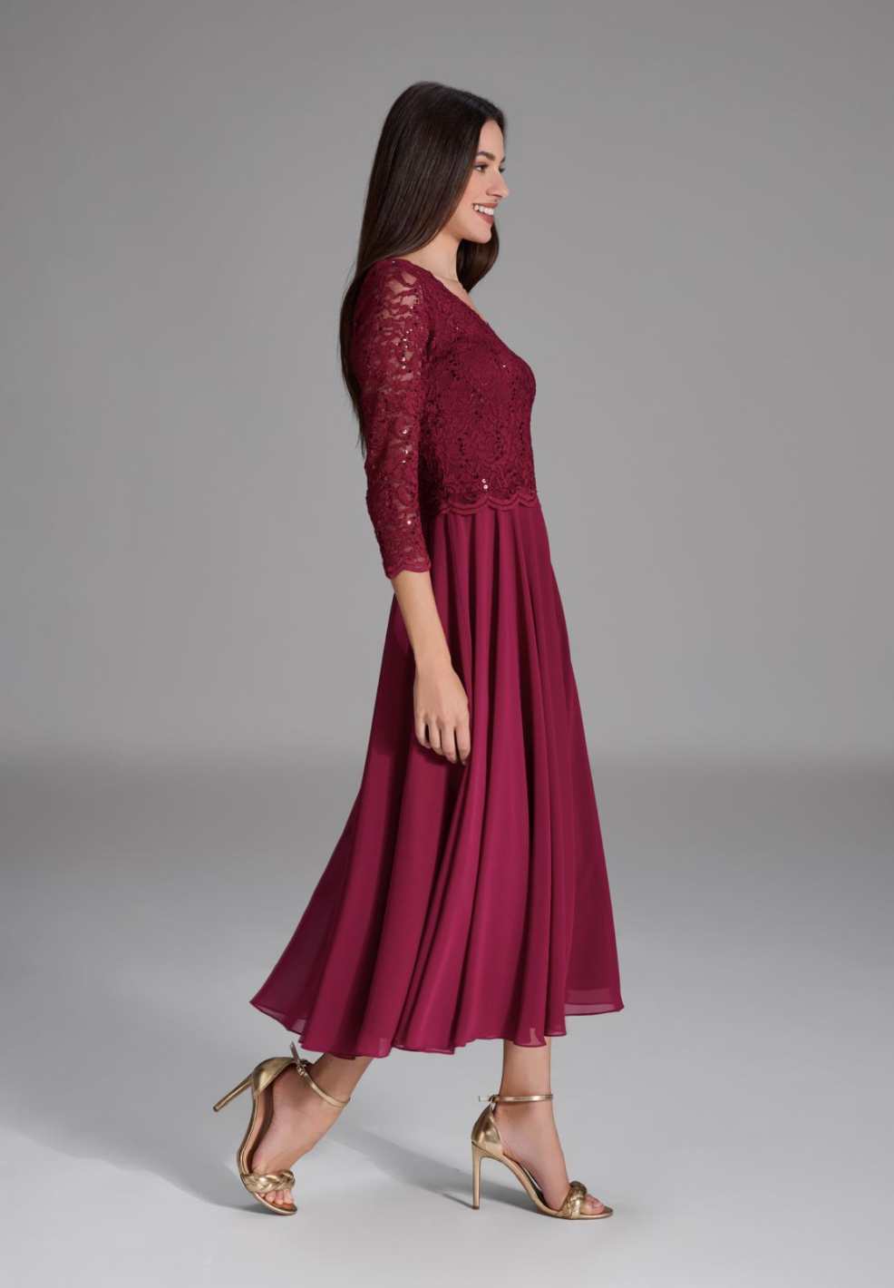 Midi Kleid mit paillettenbesetztem Spitzenoberteil